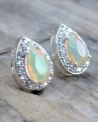 Ethiopian Opal Earring Studs With White Topaz - Pear Cut 925 Sterling Silver