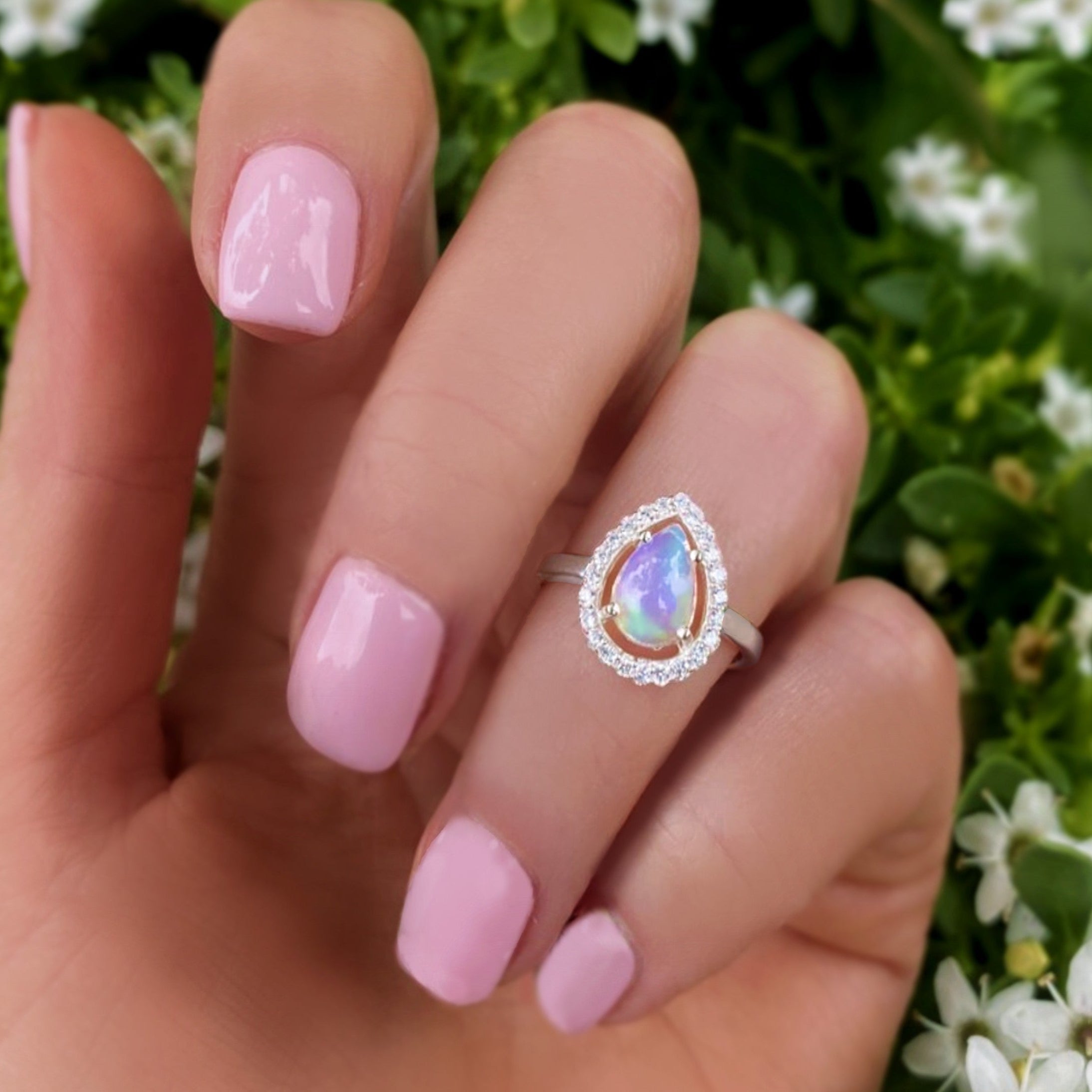 Ethiopian Opal Ring With White Topaz - 925 Sterling Silver Pear Shape