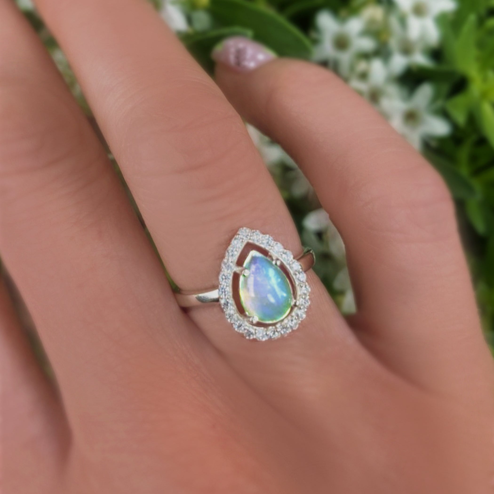 Ethiopian Opal Ring With White Topaz - 925 Sterling Silver Pear Shape