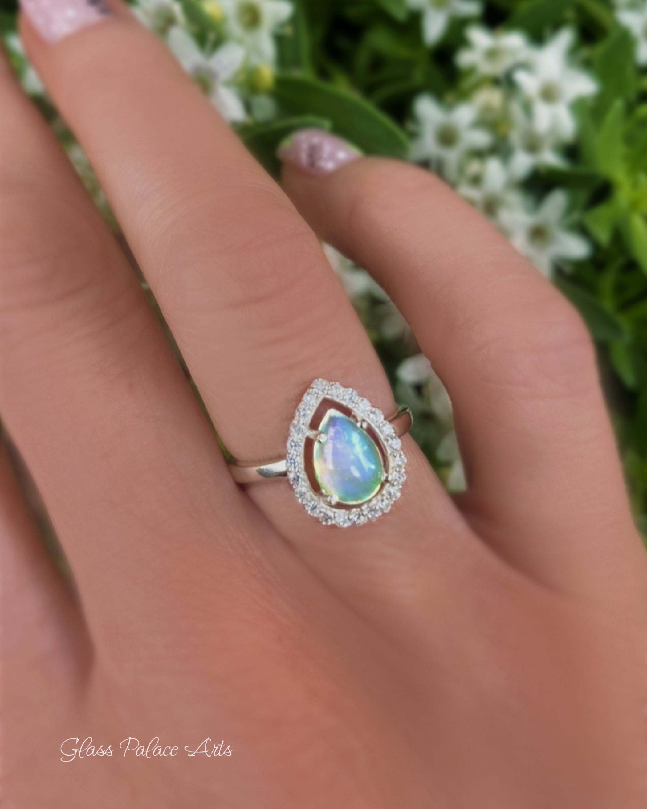 Ethiopian Opal Ring With White Topaz - 925 Sterling Silver Pear Shape