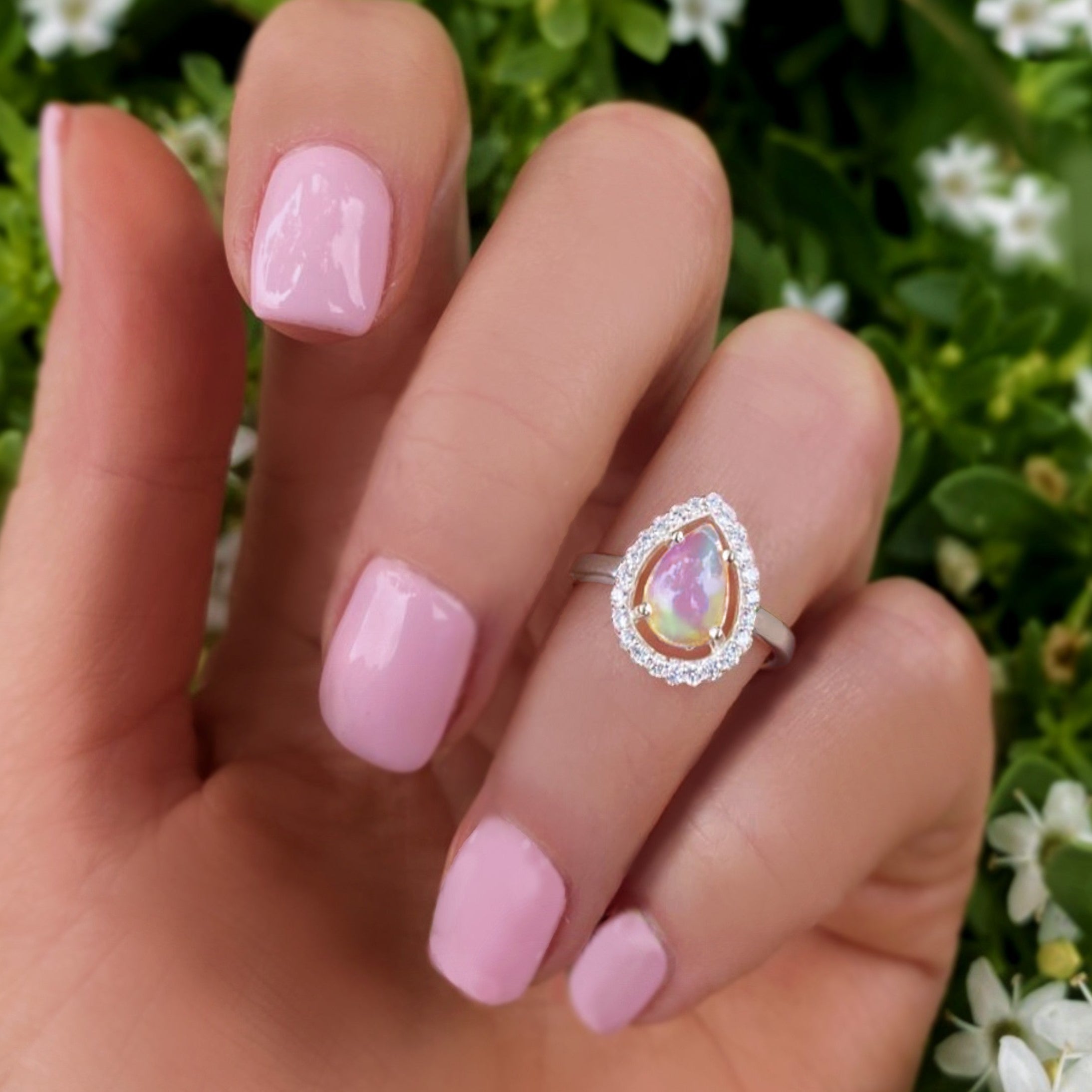 Ethiopian Opal Ring With White Topaz - 925 Sterling Silver Pear Shape