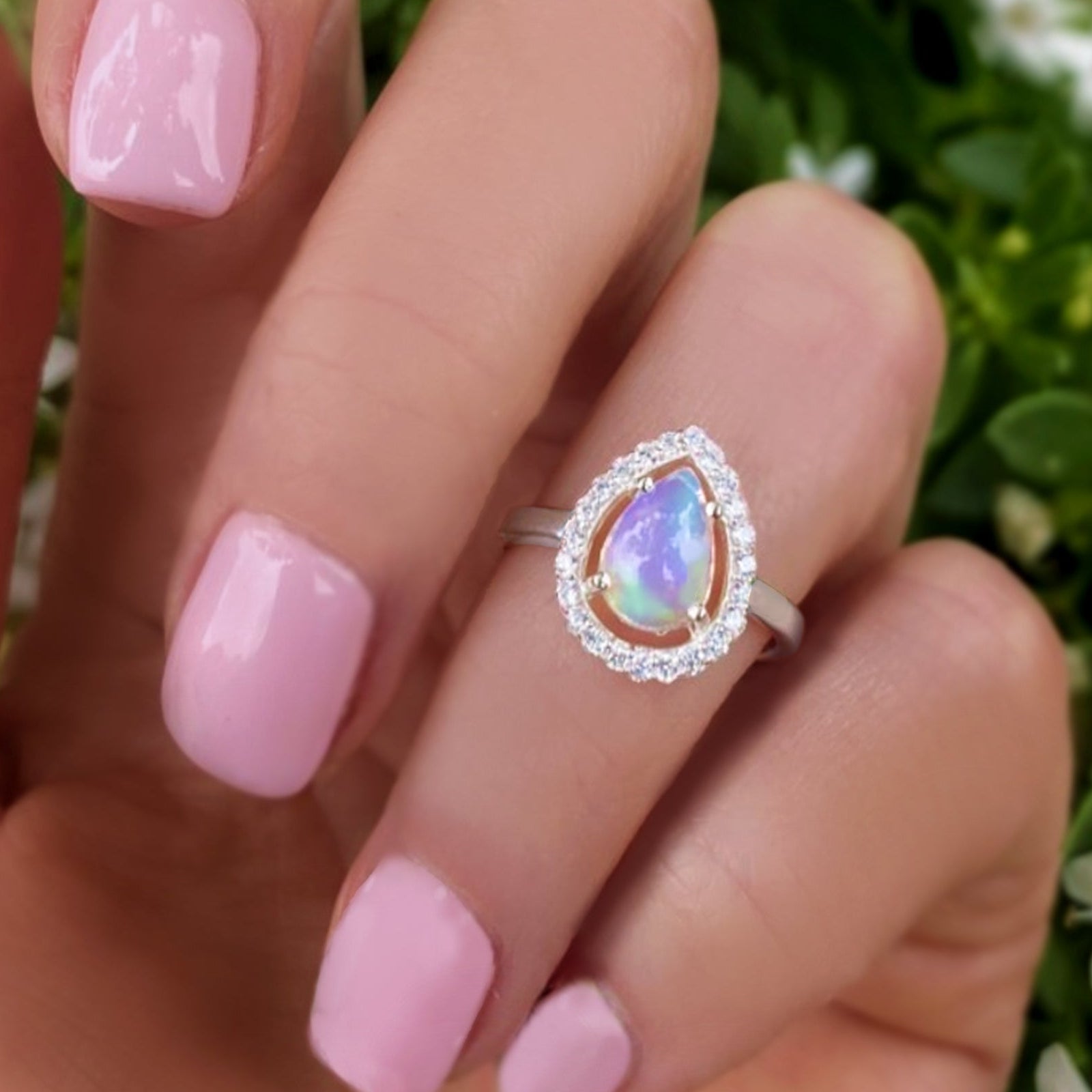 Ethiopian Opal Ring With White Topaz - 925 Sterling Silver Pear Shape