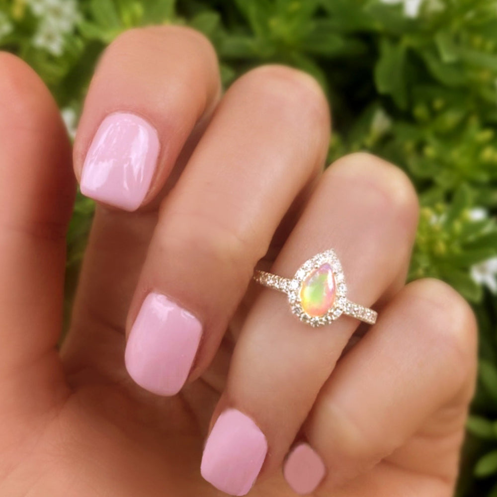 Fire Opal Halo Ring With White Topaz - 925 Sterling Silver Small Pear Shape Ring