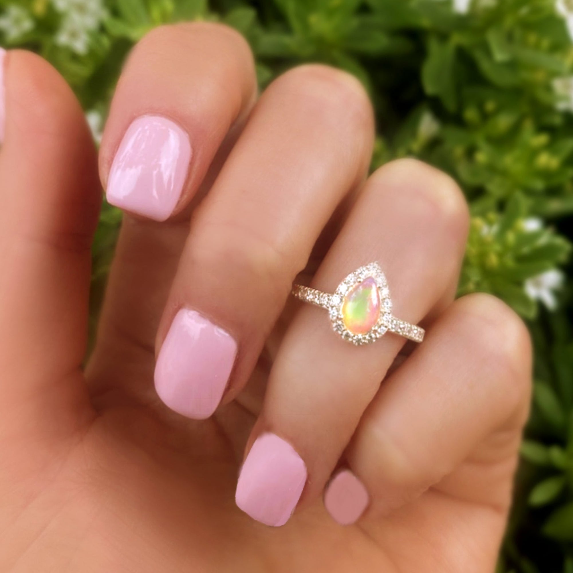 Fire Opal Halo Ring With White Topaz - 925 Sterling Silver Small Pear Shape Ring