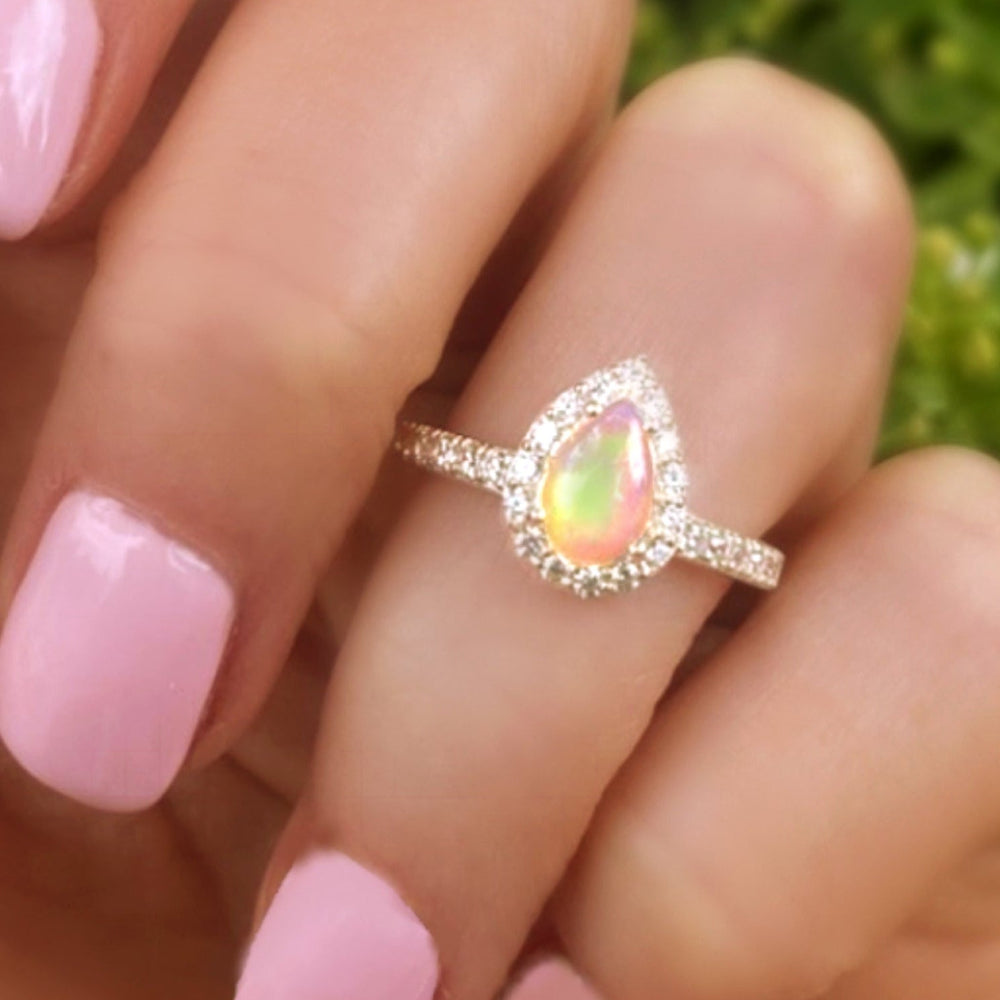 Fire Opal Halo Ring With White Topaz - 925 Sterling Silver Small Pear Shape Ring
