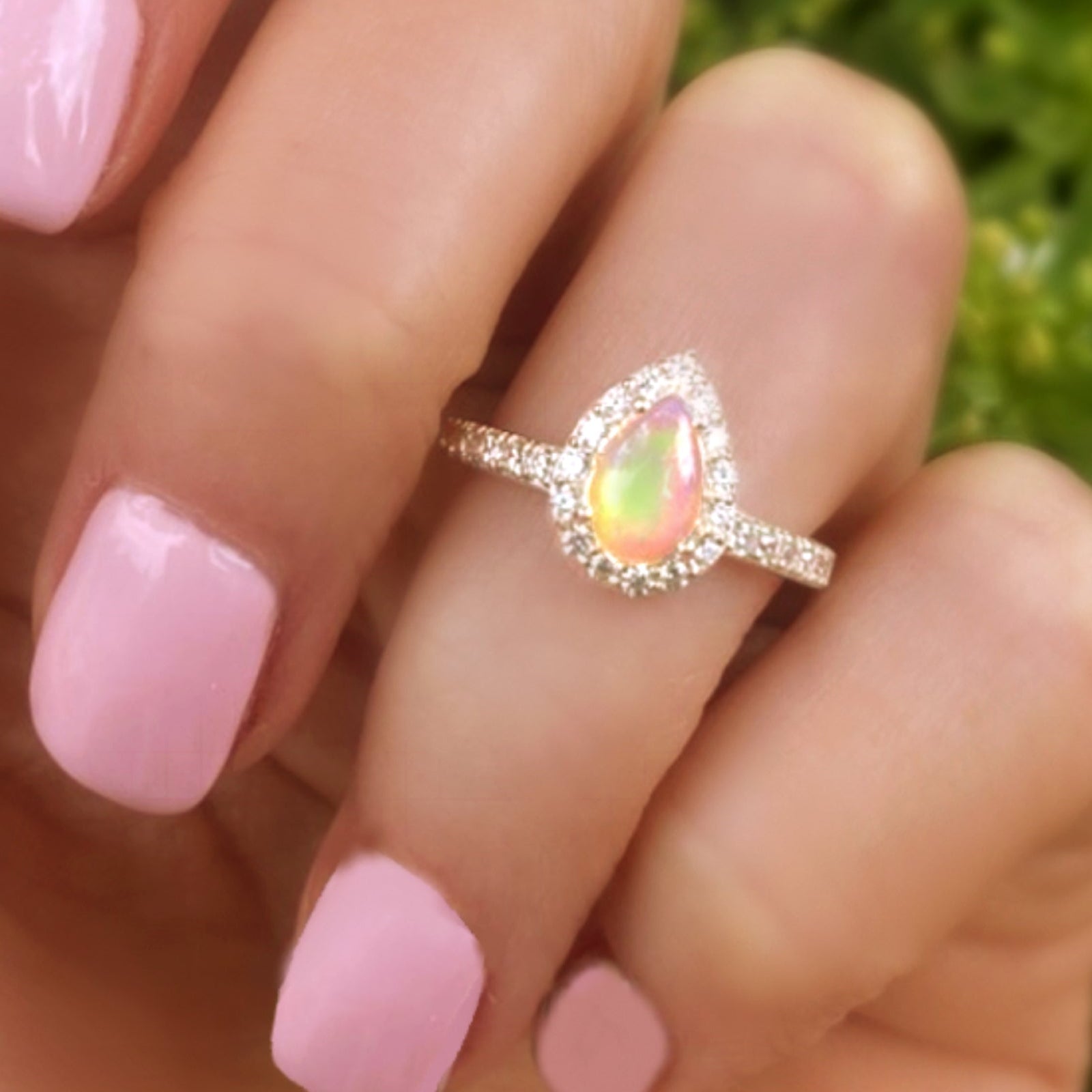 Fire Opal Halo Ring With White Topaz - 925 Sterling Silver Small Pear Shape Ring