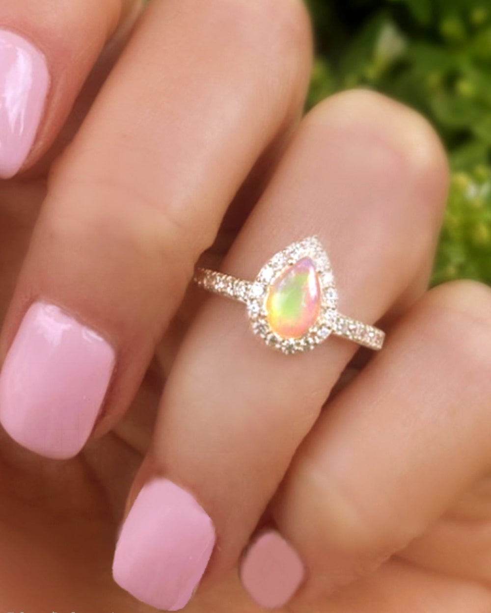 Fire Opal Halo Ring With White Topaz - 925 Sterling Silver Small Pear Shape Ring