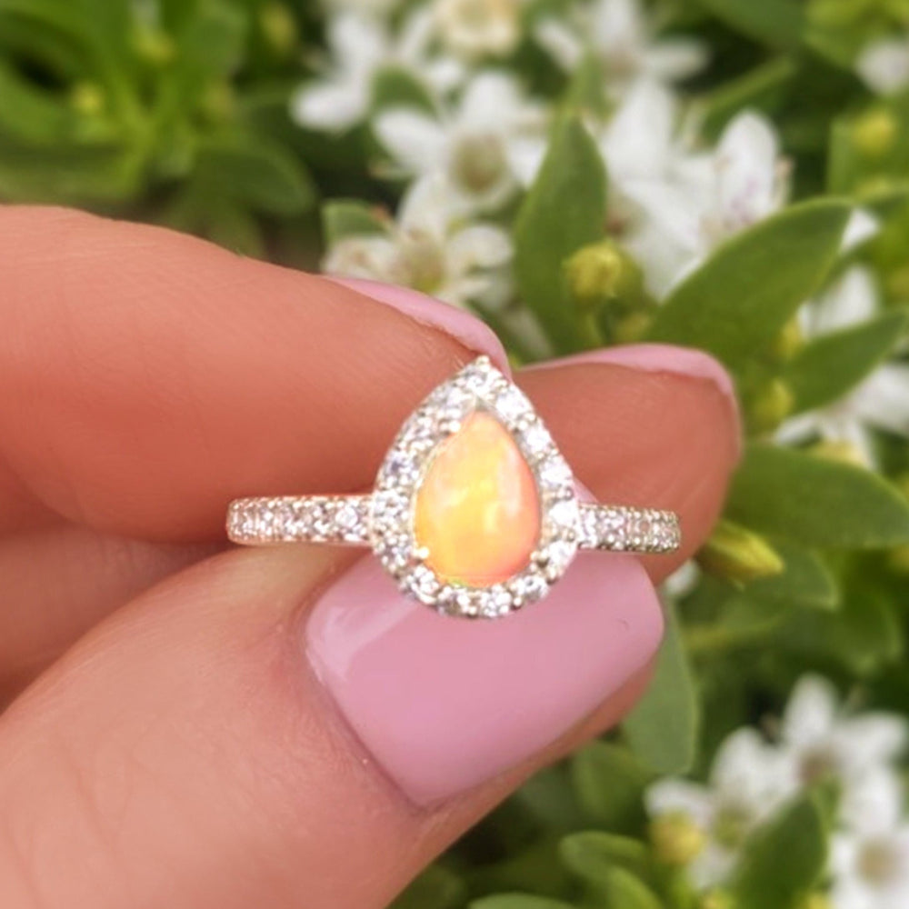 Fire Opal Halo Ring With White Topaz - 925 Sterling Silver Small Pear Shape Ring