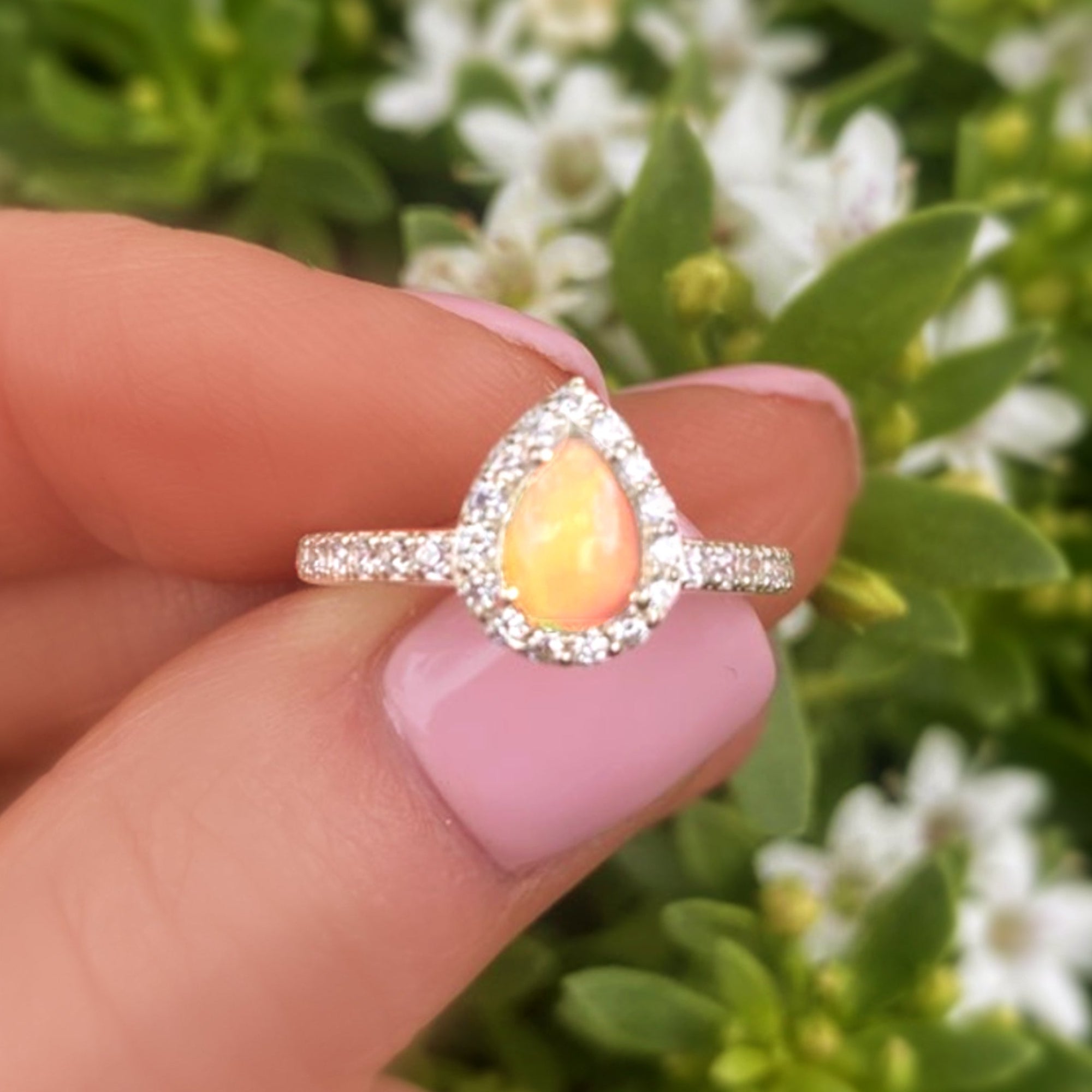 Fire Opal Halo Ring With White Topaz - 925 Sterling Silver Small Pear Shape Ring