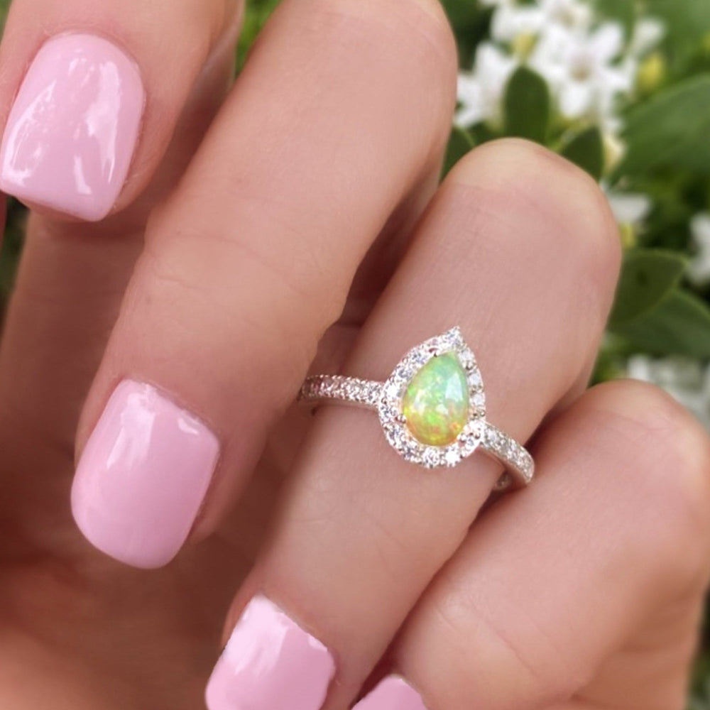 Fire Opal Halo Ring With White Topaz - 925 Sterling Silver Small Pear Shape Ring