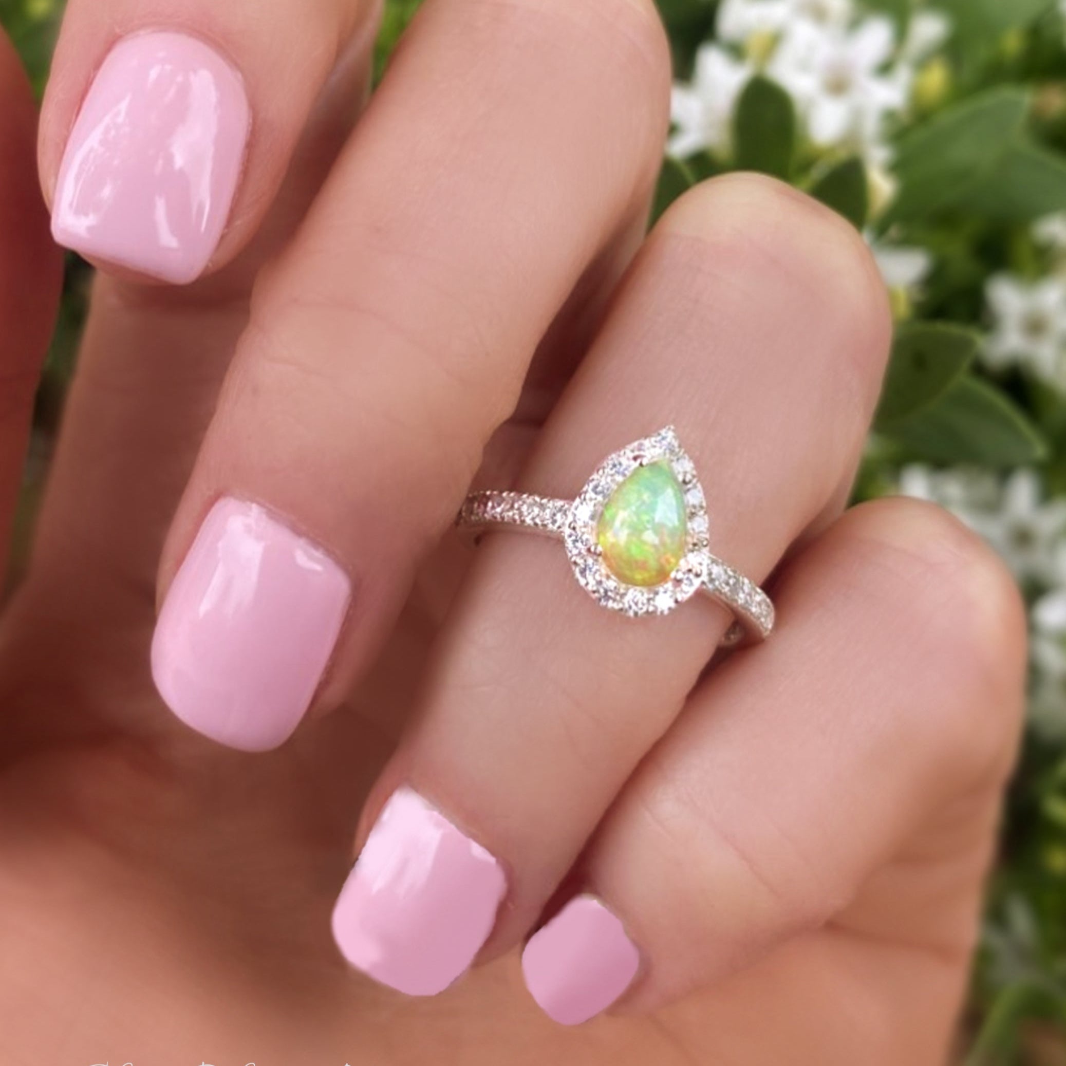 Fire Opal Halo Ring With White Topaz - 925 Sterling Silver Small Pear Shape Ring