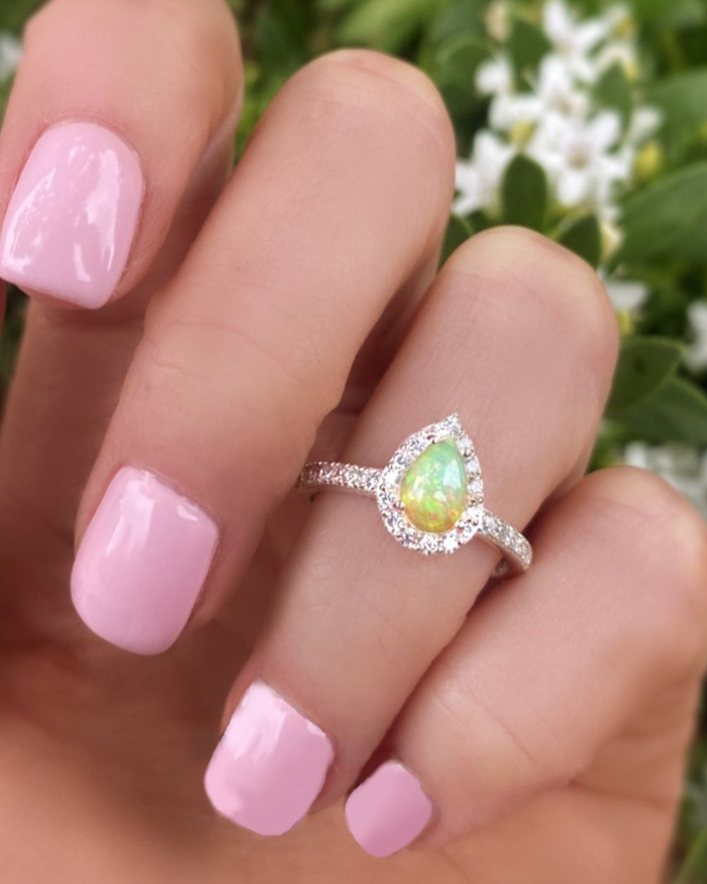 Fire Opal Halo Ring With White Topaz - 925 Sterling Silver Small Pear Shape Ring