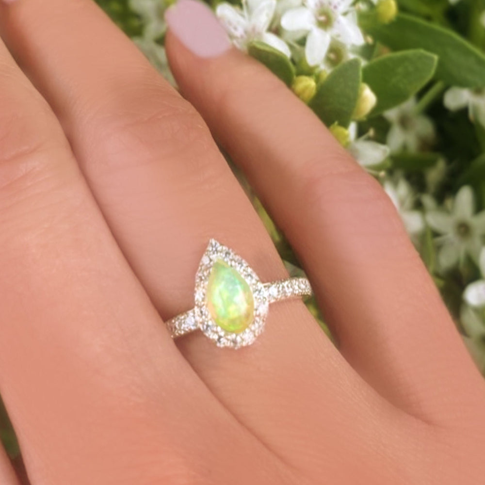 Fire Opal Halo Ring With White Topaz - 925 Sterling Silver Small Pear Shape Ring