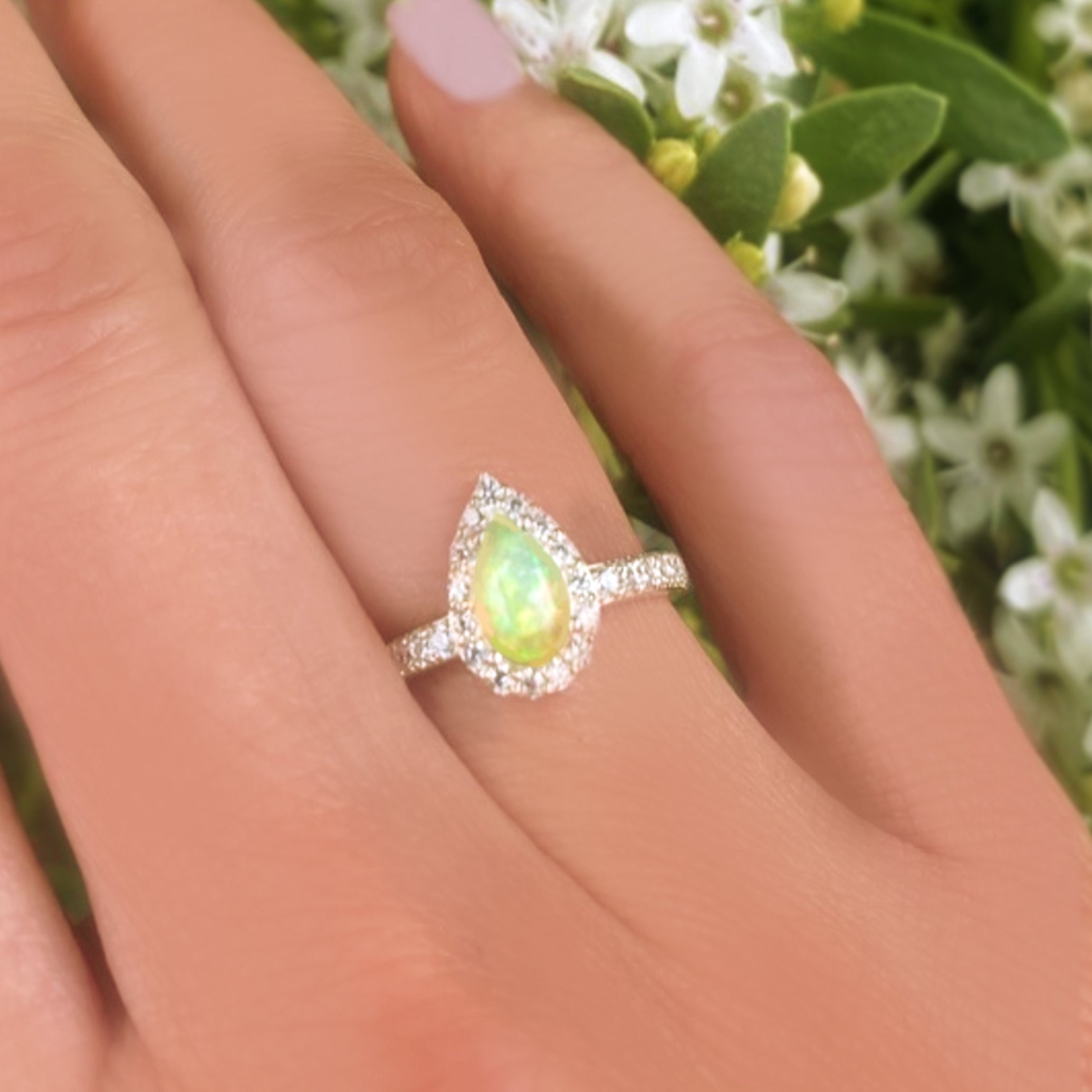 Fire Opal Halo Ring With White Topaz - 925 Sterling Silver Small Pear Shape Ring