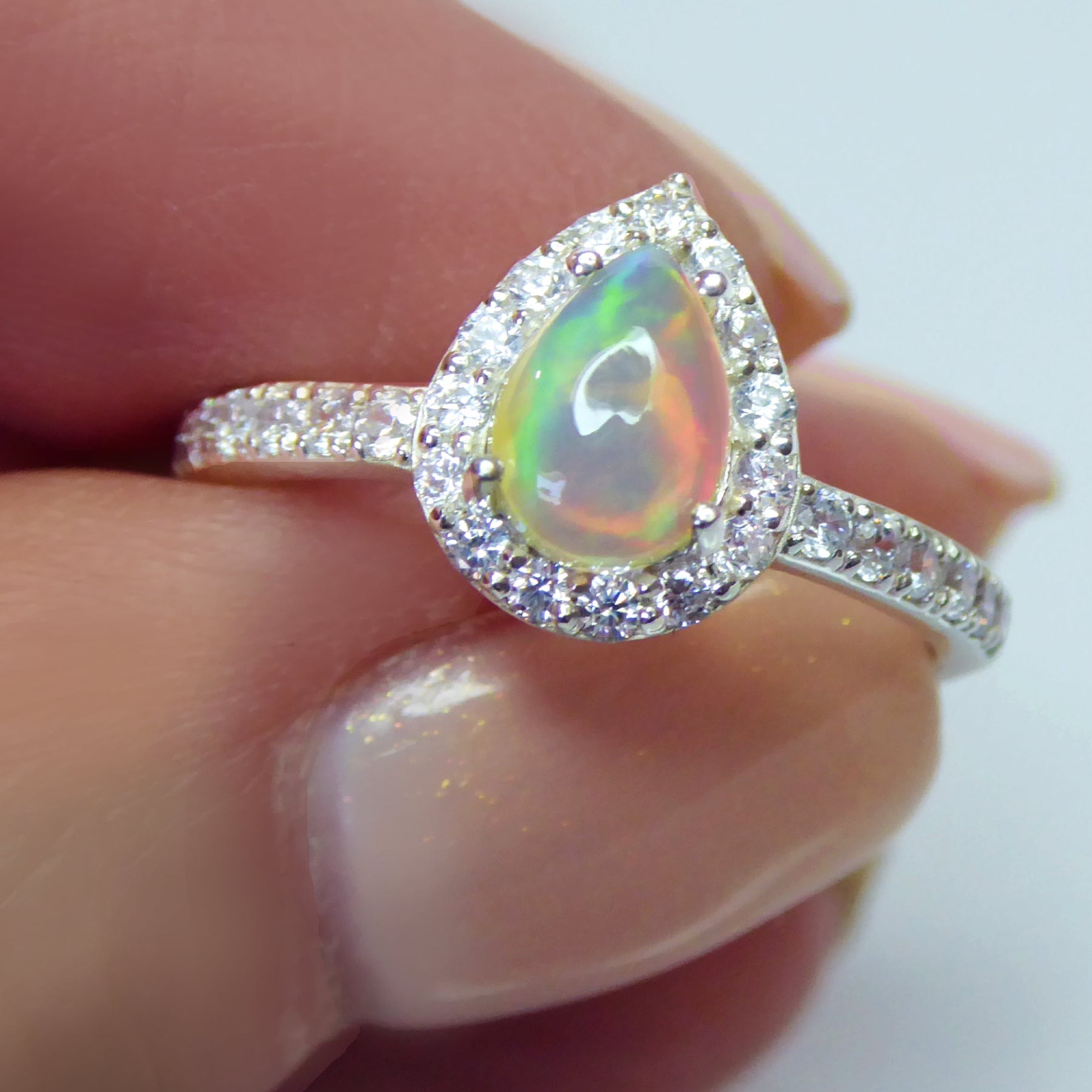 Fire Opal Halo Ring With White Topaz - 925 Sterling Silver Small Pear Shape Ring