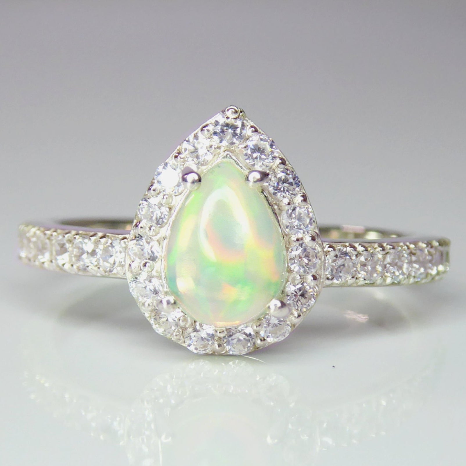 Fire Opal Halo Ring With White Topaz - 925 Sterling Silver Small Pear Shape Ring