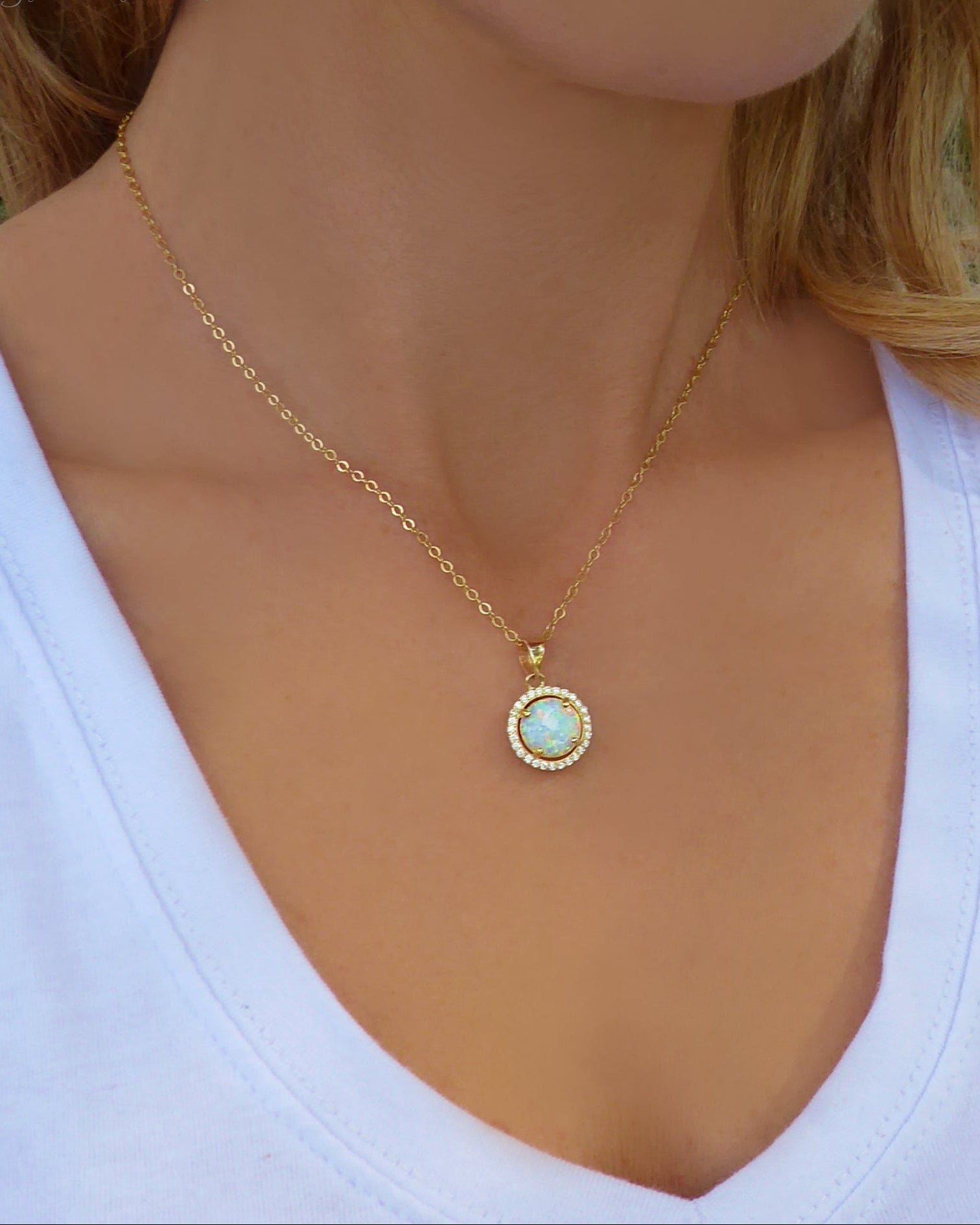 White Fire Opal Pendant Necklace With Cubic Zirconia