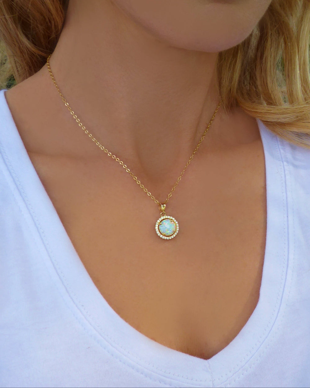 White Fire Opal Pendant Necklace With Cubic Zirconia