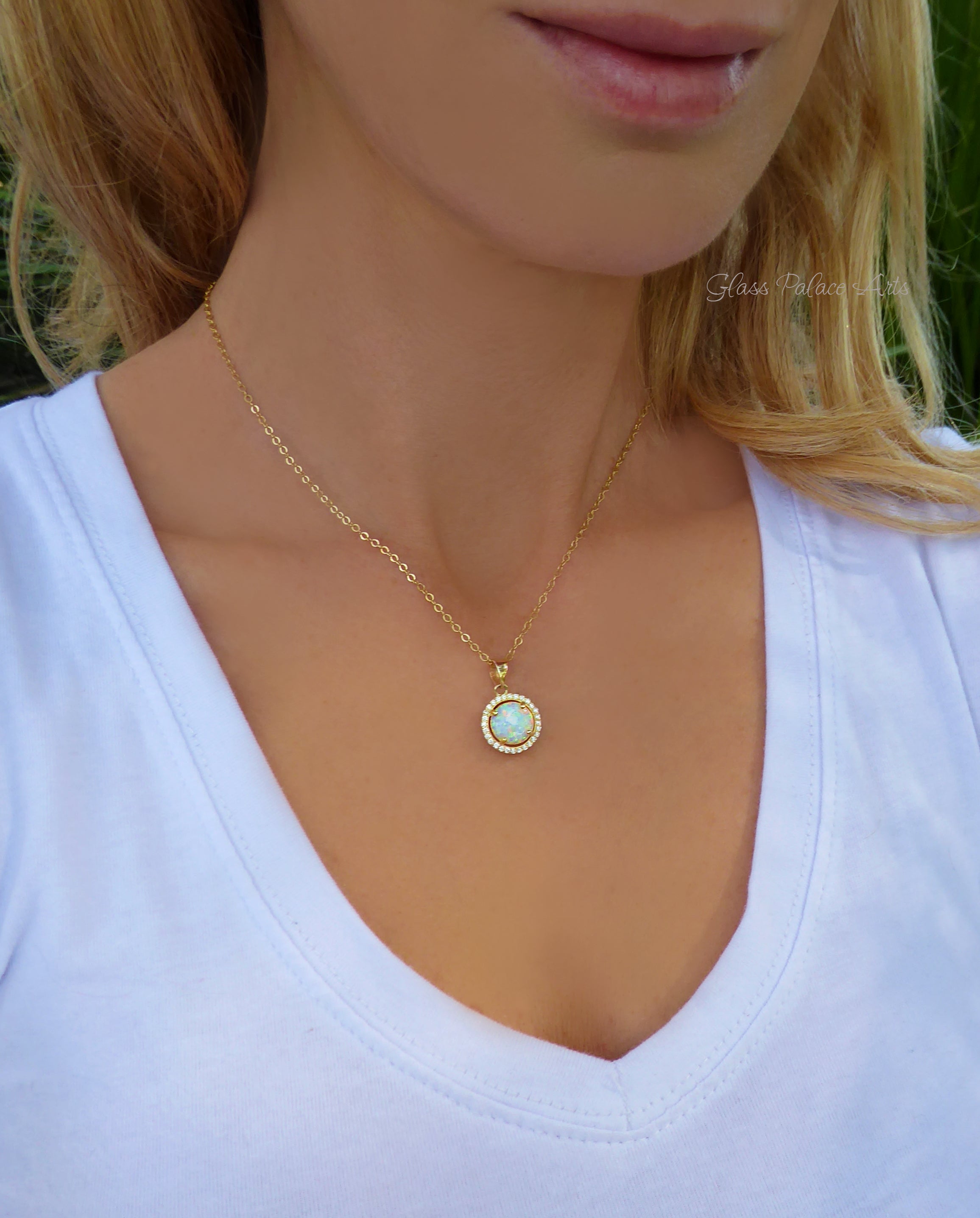 White Fire Opal Pendant Necklace With Cubic Zirconia