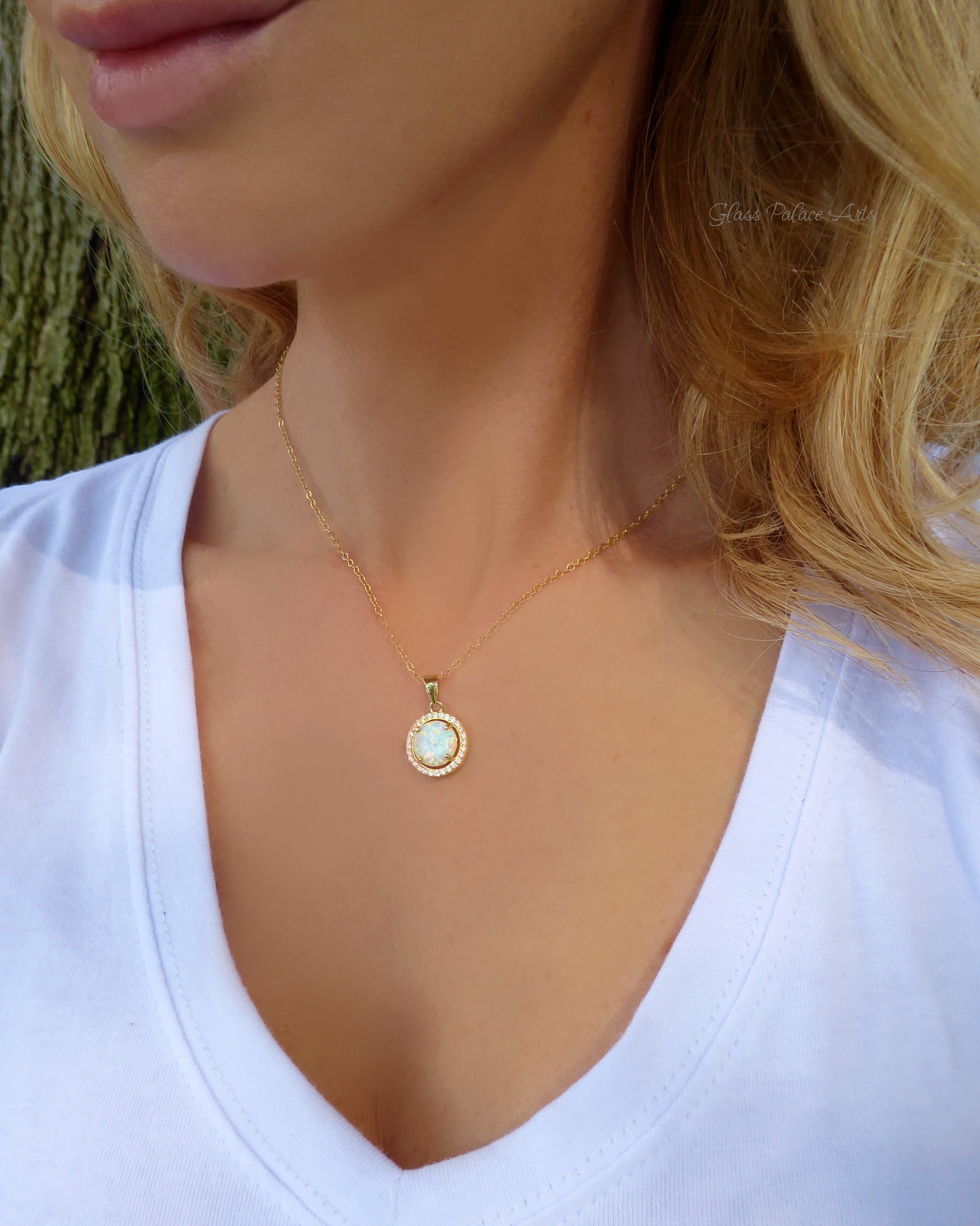 White Fire Opal Pendant Necklace With Cubic Zirconia