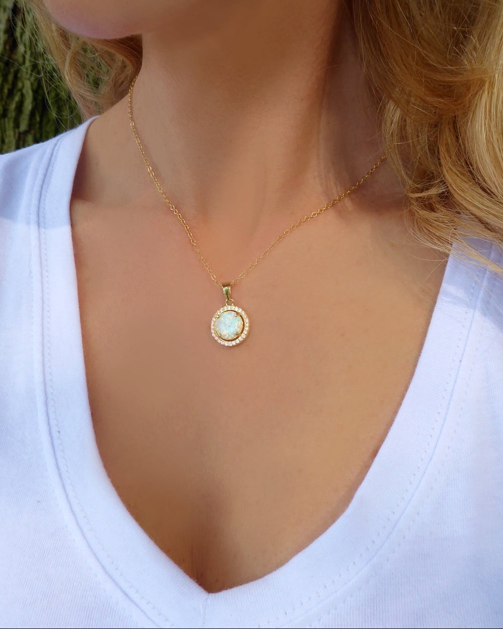 White Fire Opal Pendant Necklace With Cubic Zirconia