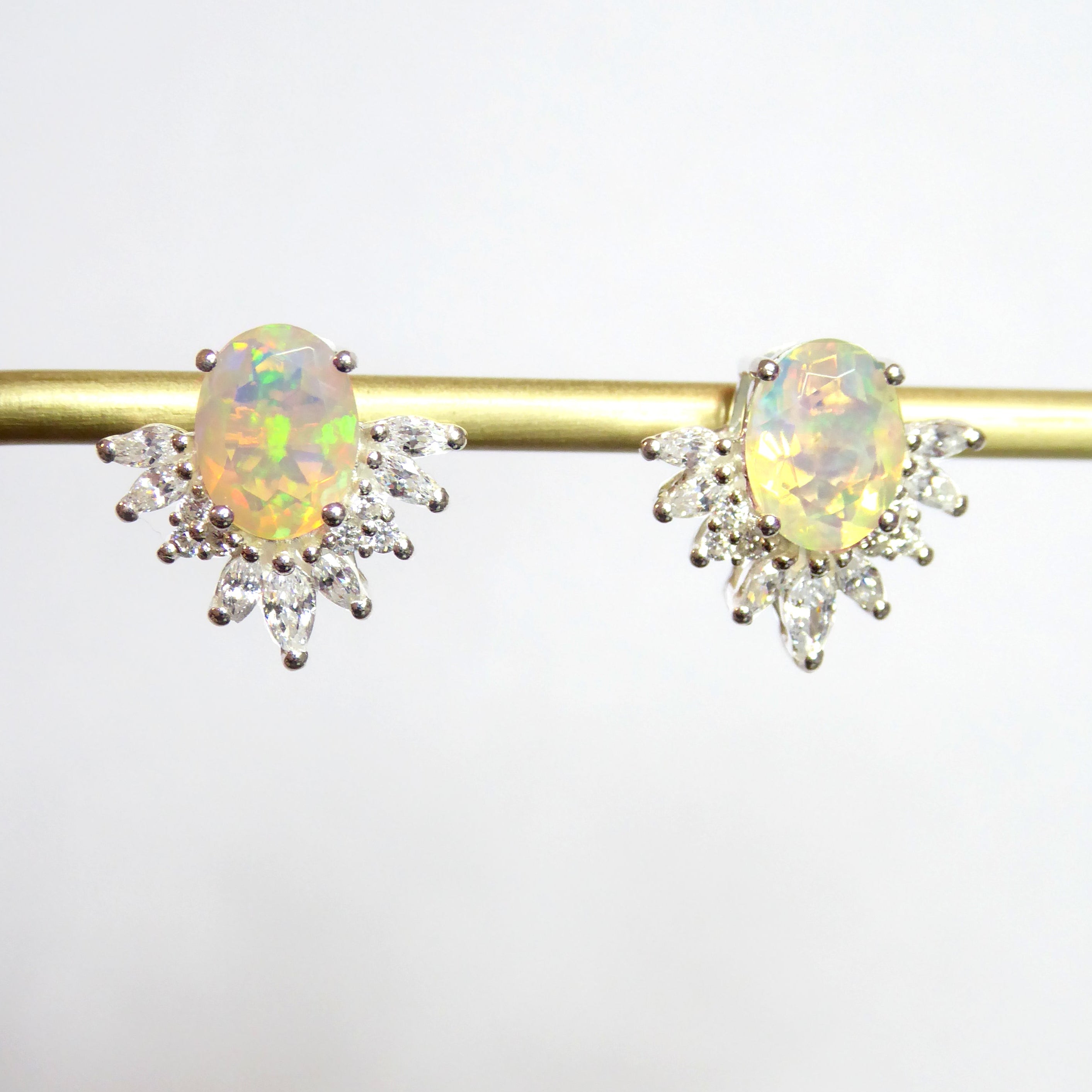 Ethiopian Opal And White Topaz Stud Earrings - 925 Sterling Silver
