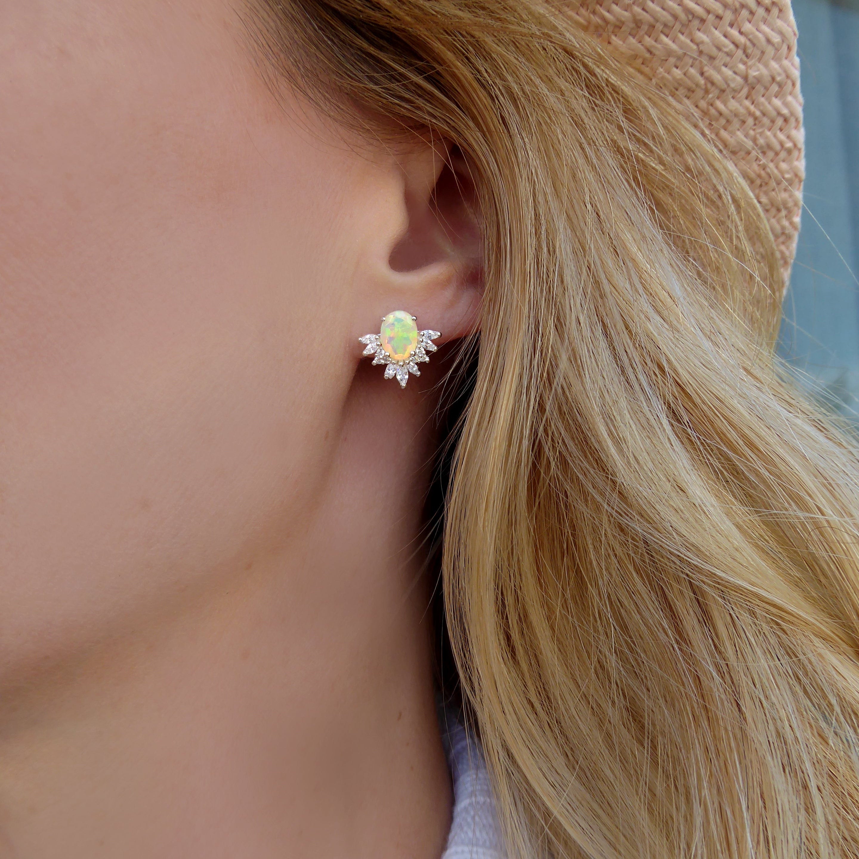 Ethiopian Opal And White Topaz Stud Earrings - 925 Sterling Silver