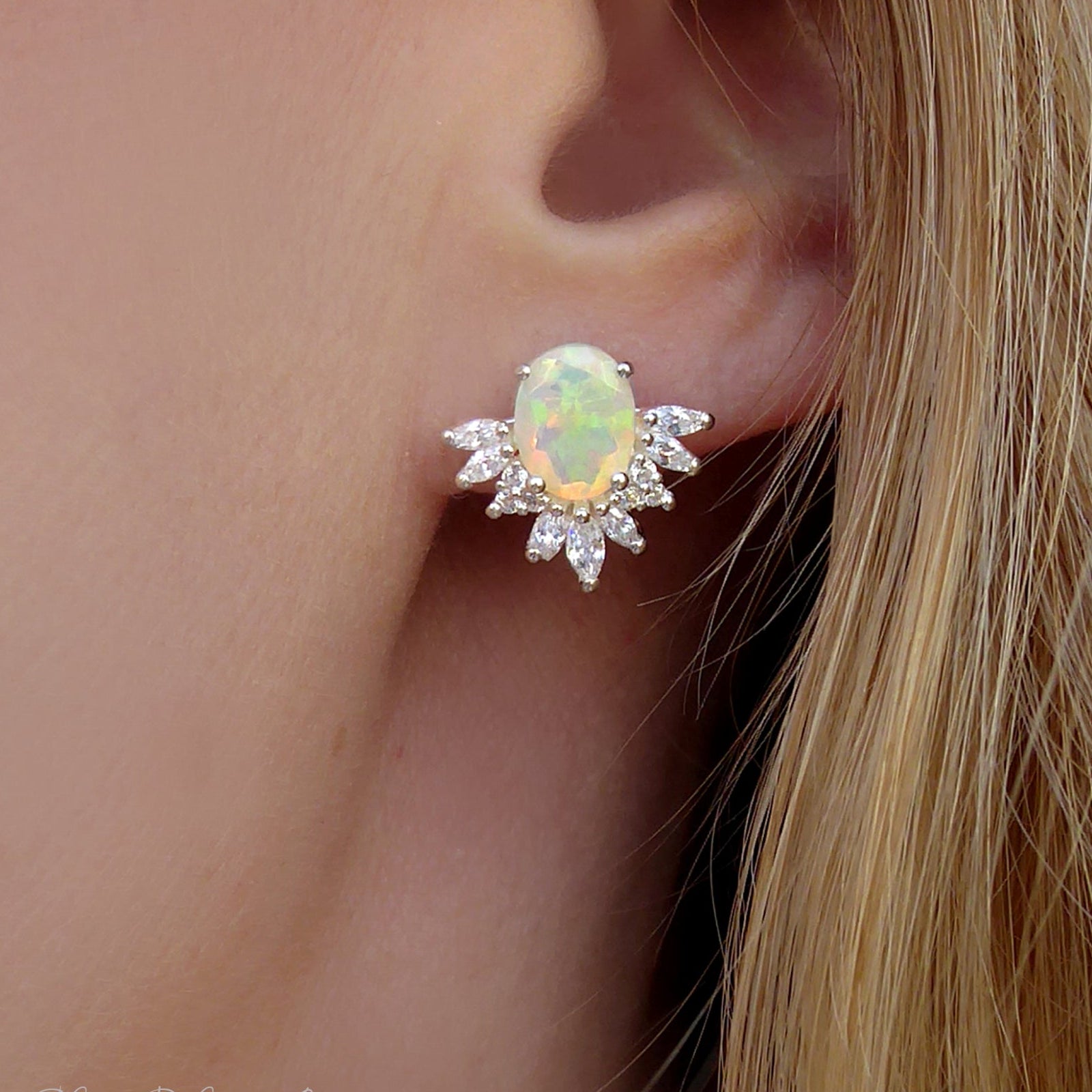 Ethiopian Opal And White Topaz Stud Earrings - 925 Sterling Silver