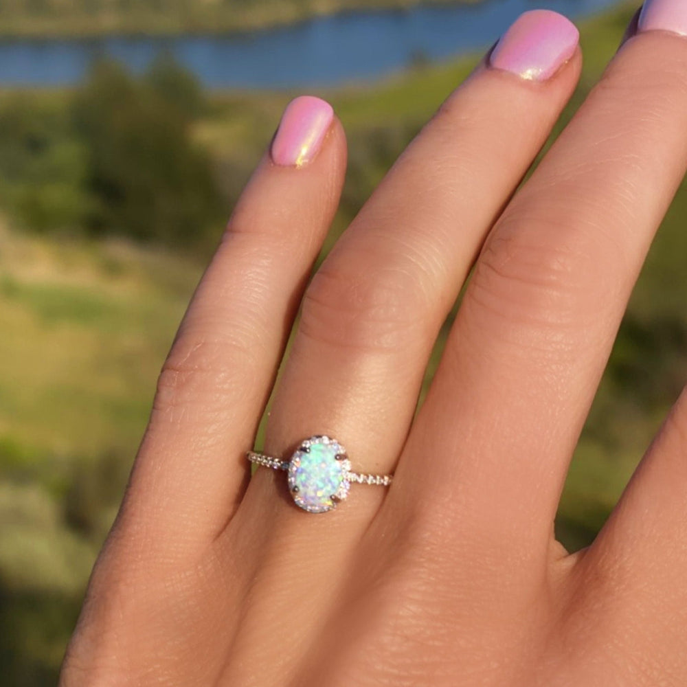 Sterling Silver White Opal Ring Encrusted with Cubic Zirconia