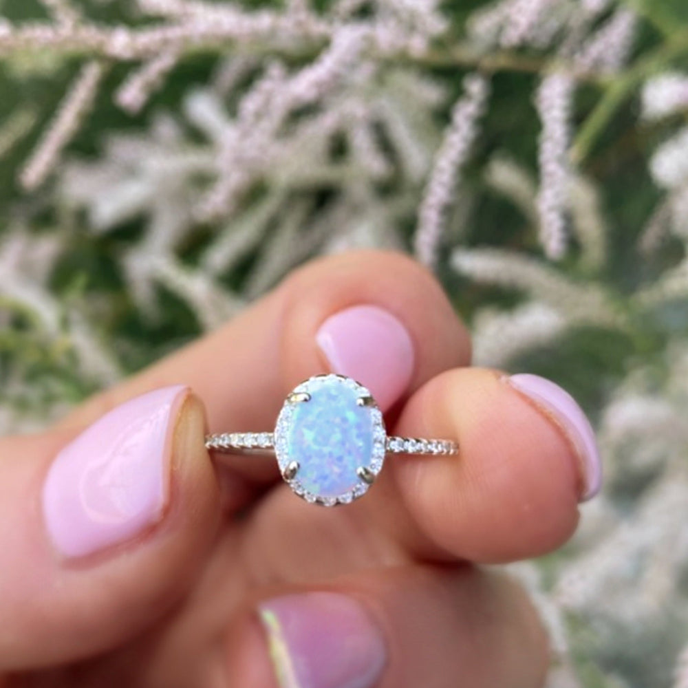 Sterling Silver White Opal Ring Encrusted with Cubic Zirconia