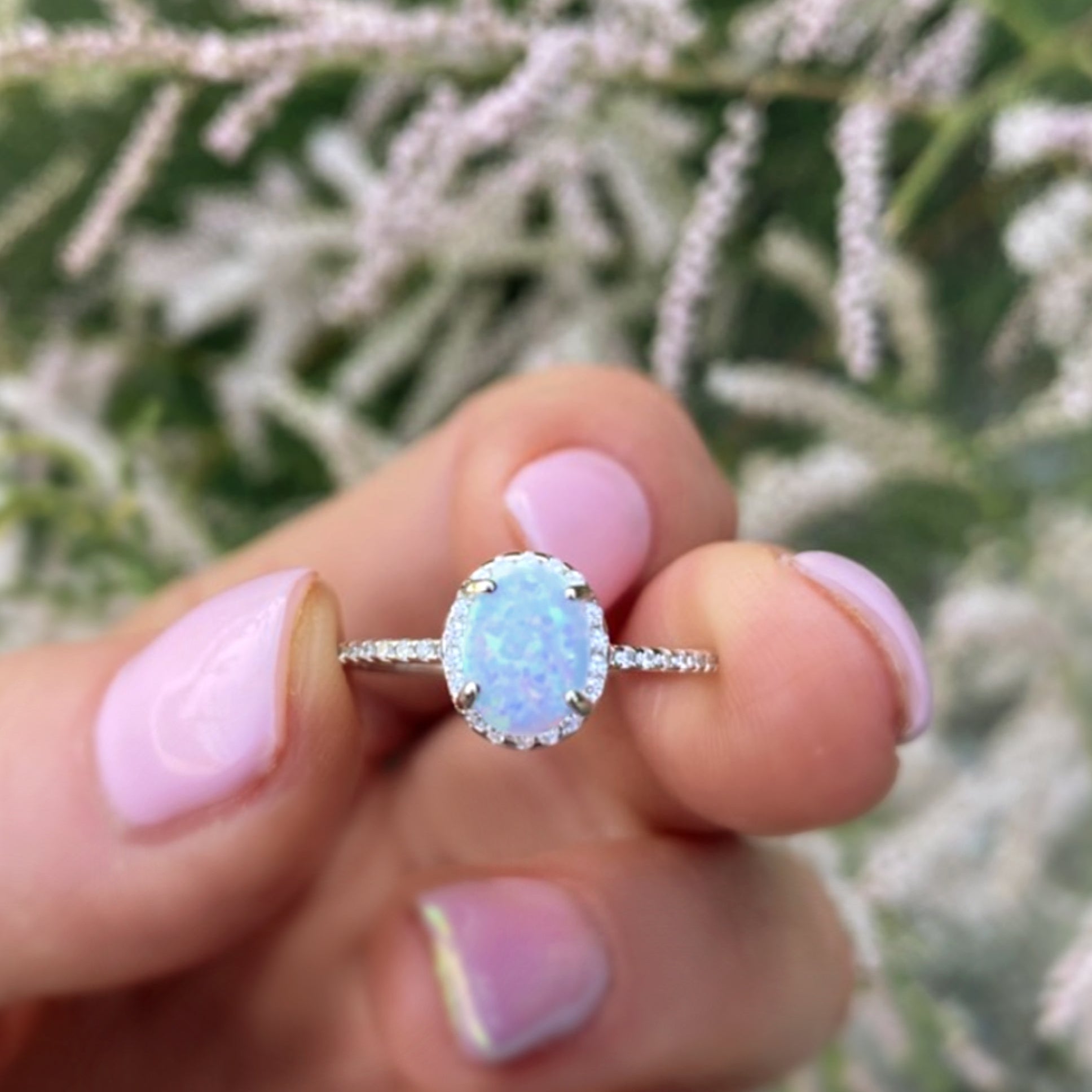 Sterling Silver White Opal Ring Encrusted with Cubic Zirconia