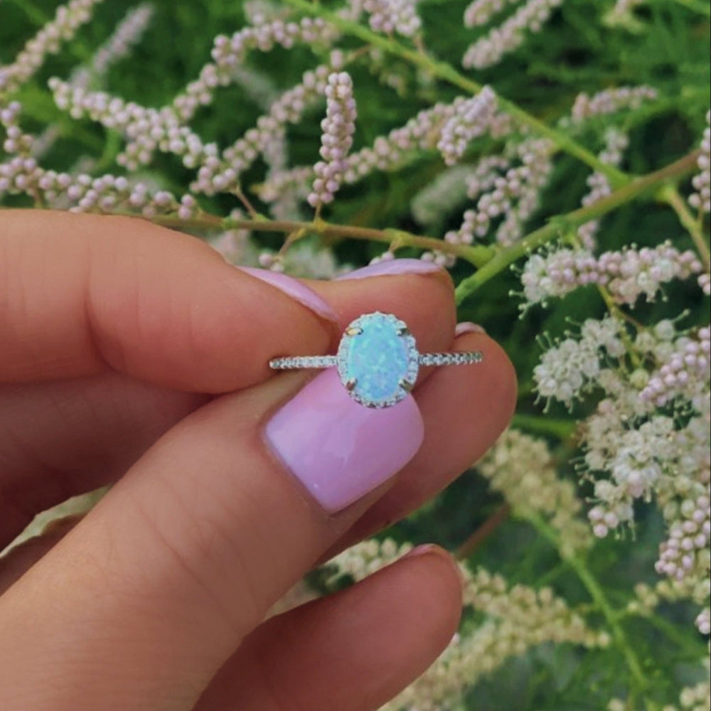 Sterling Silver White Opal Ring Encrusted with Cubic Zirconia