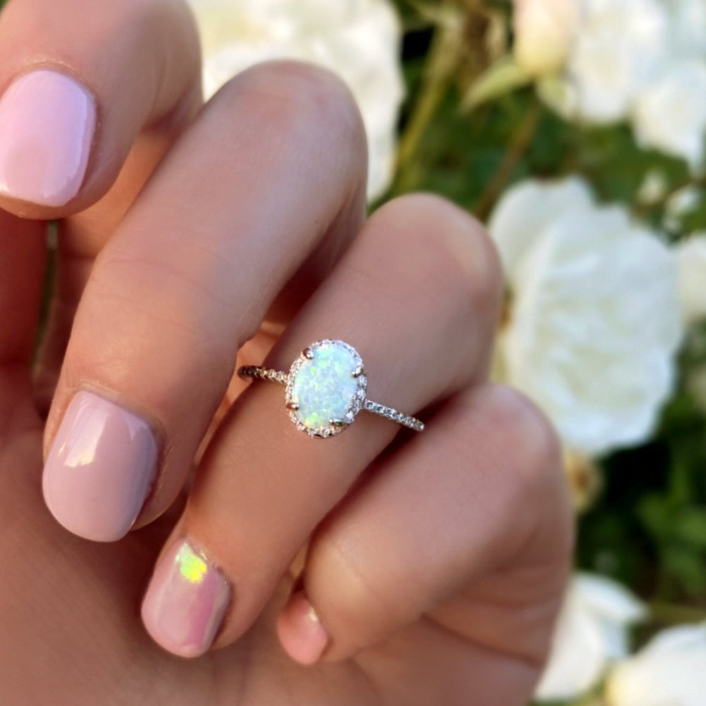Sterling Silver White Opal Ring Encrusted with Cubic Zirconia