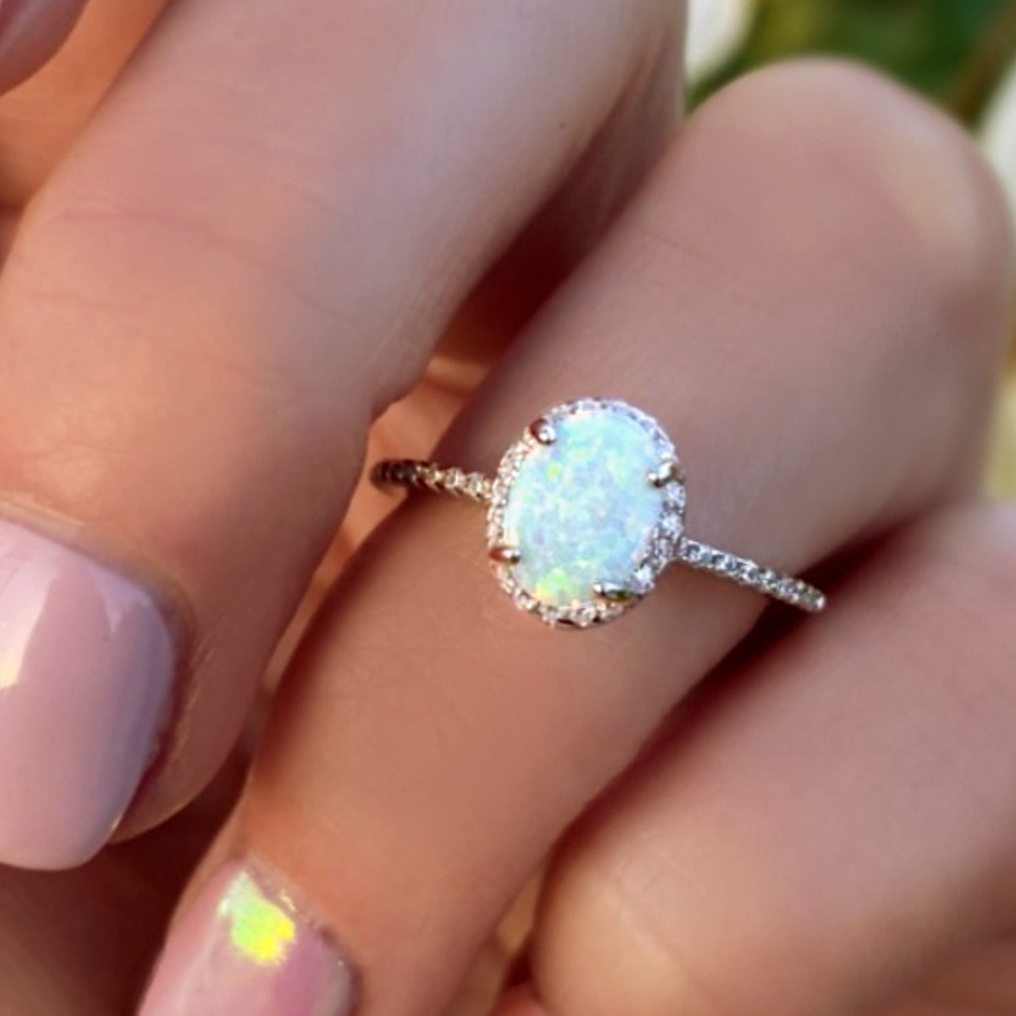Sterling Silver White Opal Ring Encrusted with Cubic Zirconia