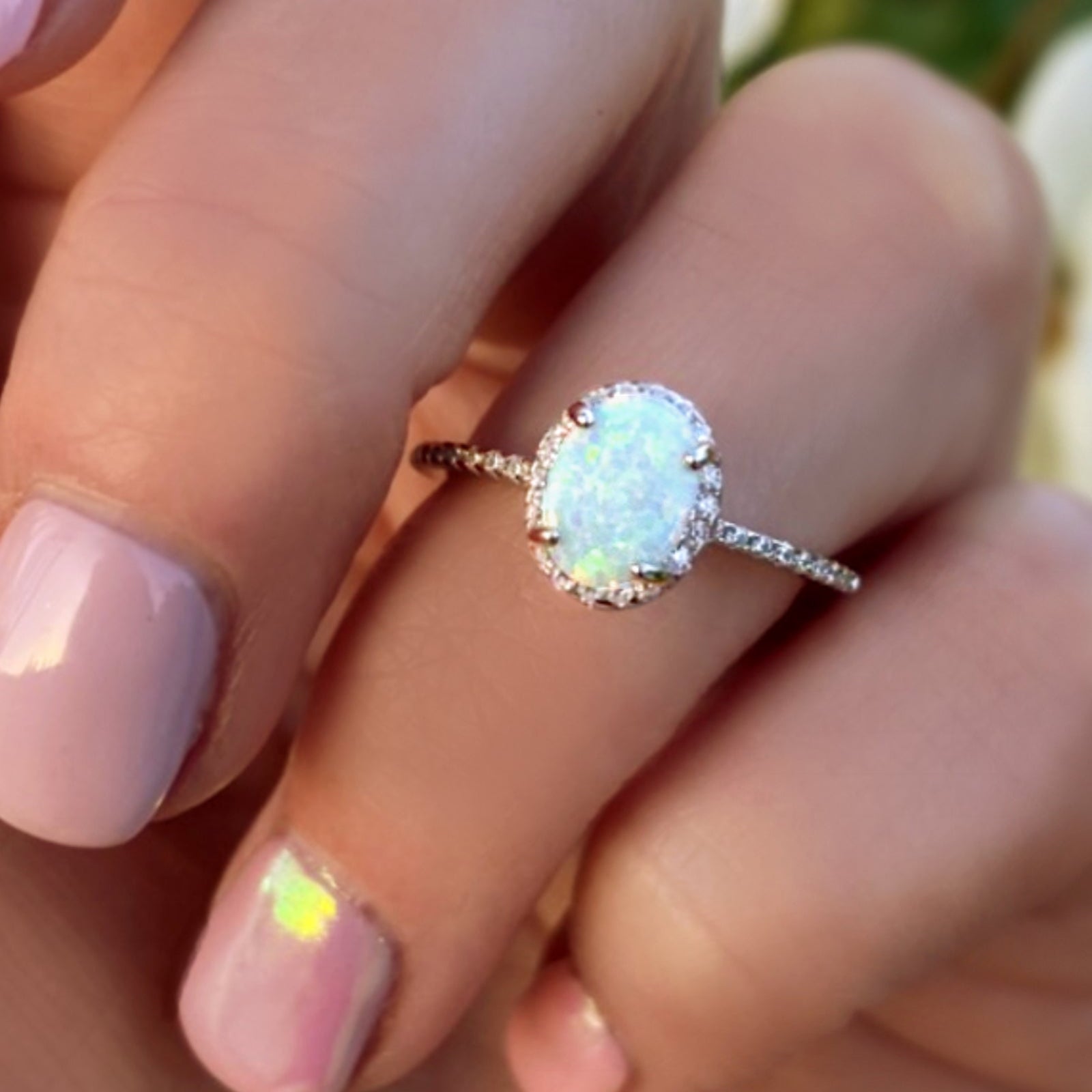 Sterling Silver White Opal Ring Encrusted with Cubic Zirconia