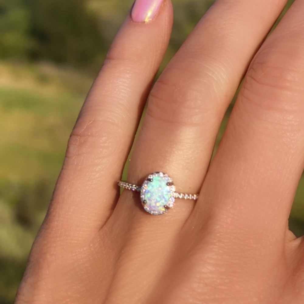 Sterling Silver White Opal Ring Encrusted with Cubic Zirconia