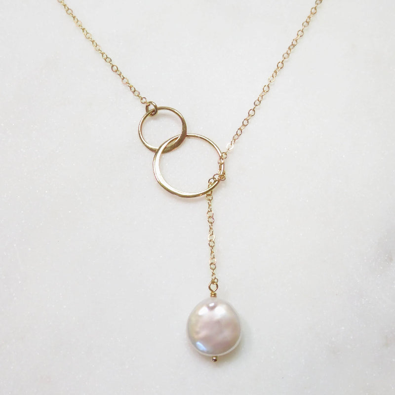 Freshwater Pearl Lariat Necklace With Infinity Circles