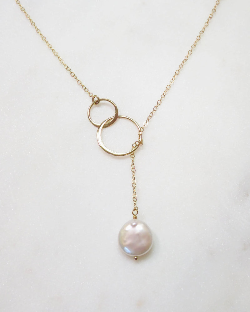 Freshwater Pearl Lariat Necklace With Infinity Circles