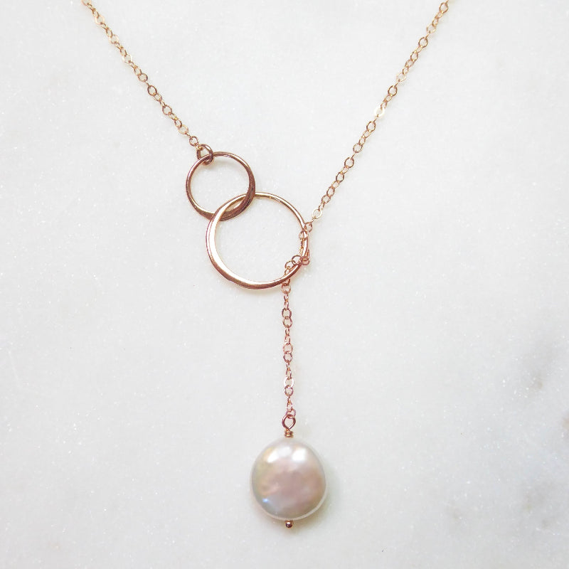 Freshwater Pearl Lariat Necklace With Infinity Circles