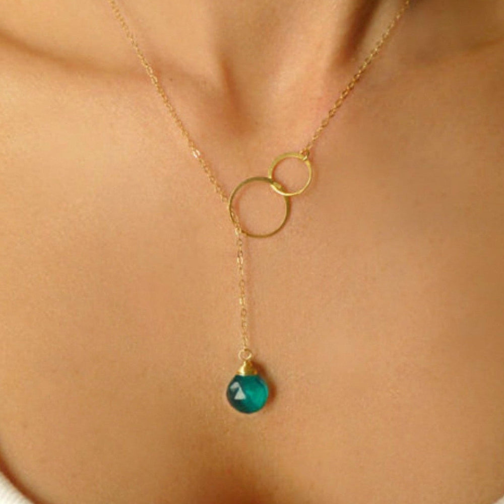 Emerald Teal Quartz Lariat Necklace For Women - In Gold or Sterling Silver
