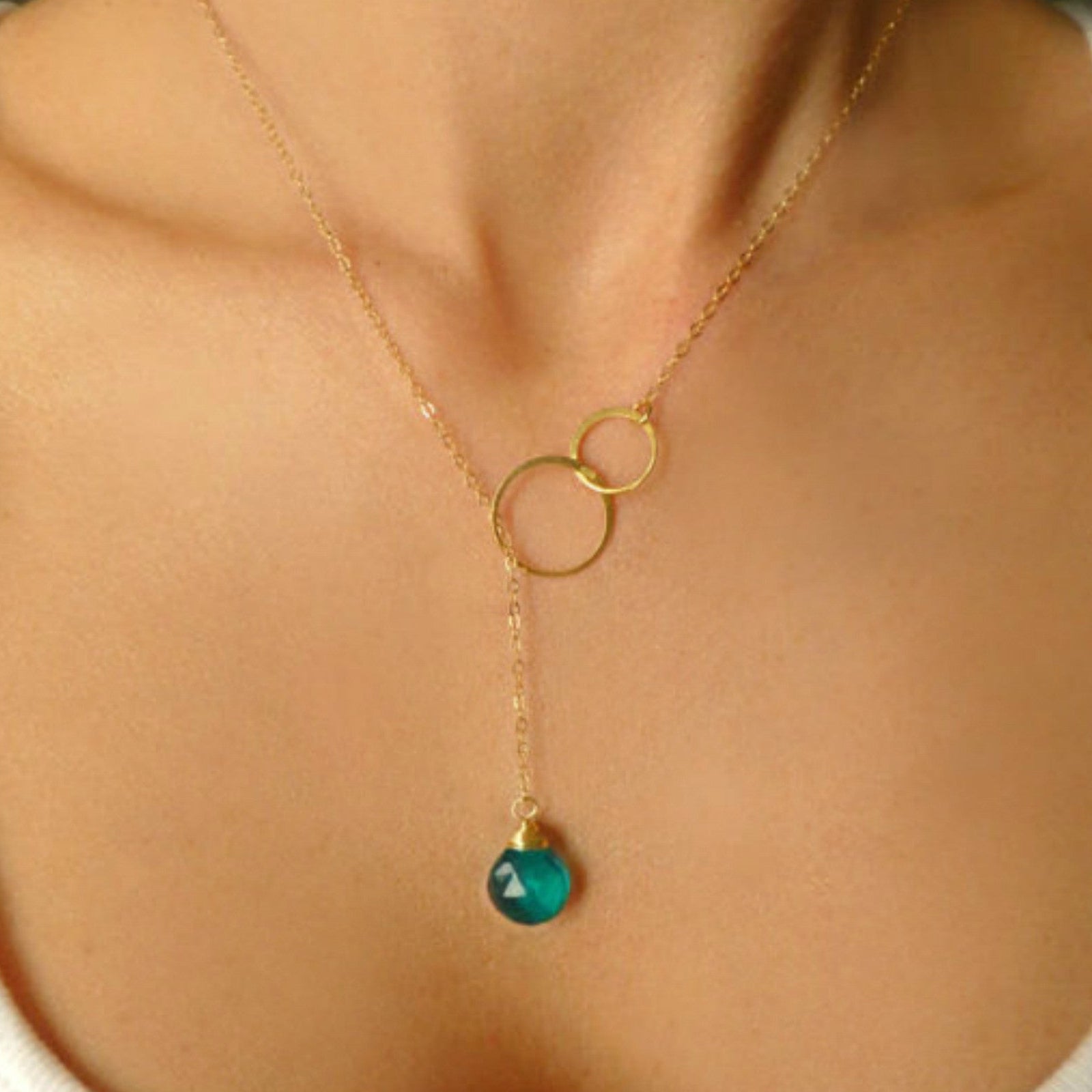 Emerald Teal Quartz Lariat Necklace For Women - In Gold or Sterling Silver