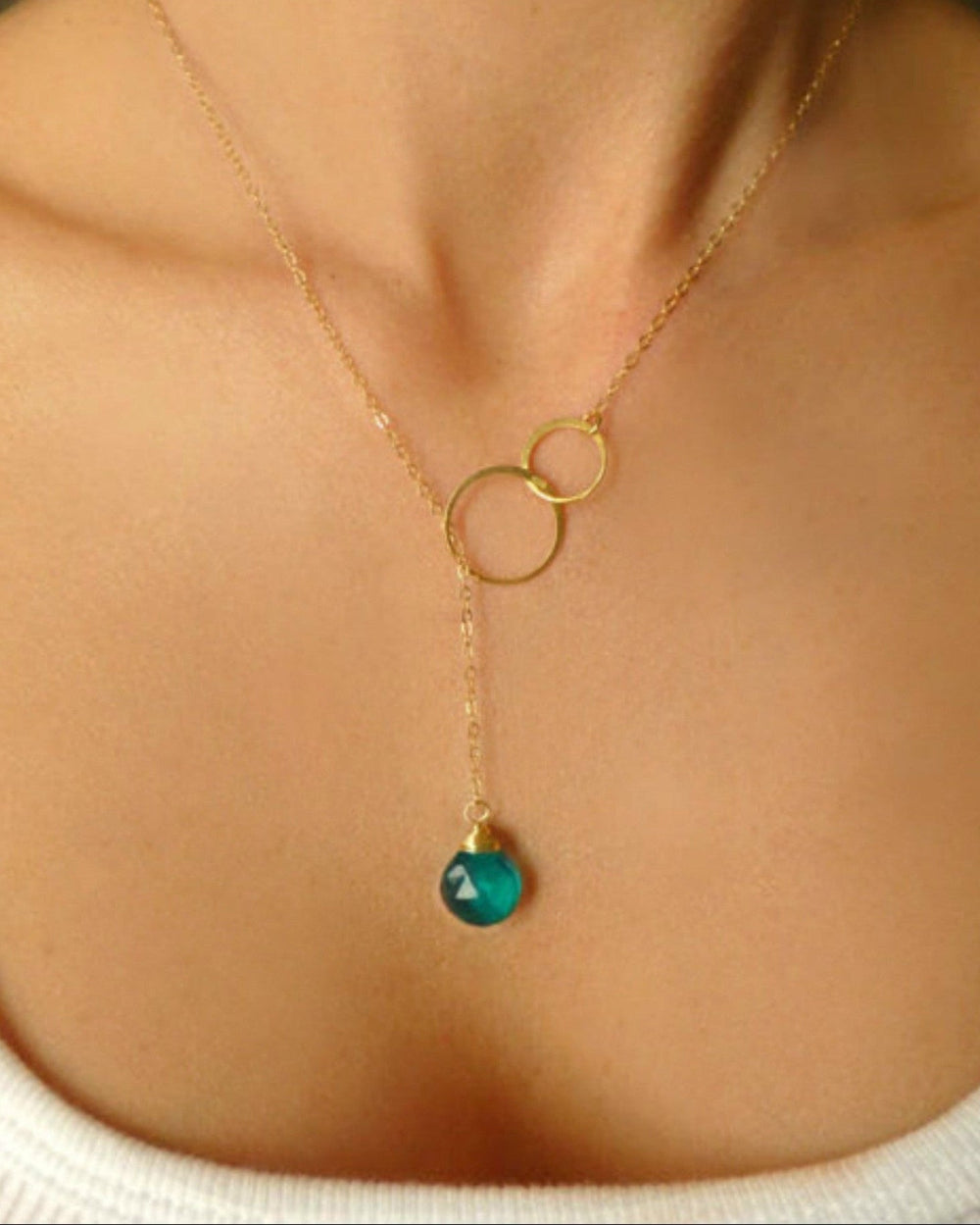 Emerald Teal Quartz Lariat Necklace For Women - In Gold or Sterling Silver