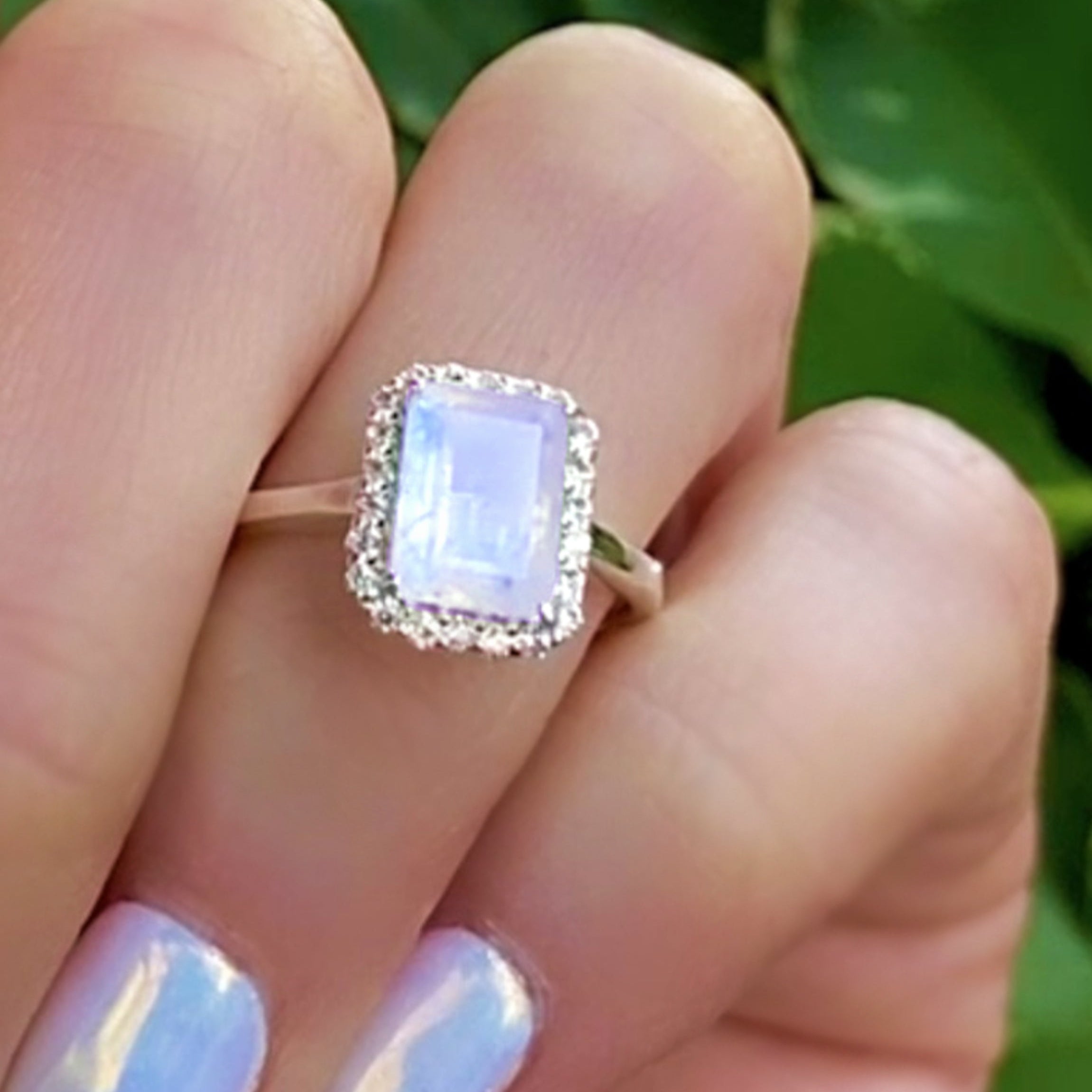 Moonstone And White Topaz Radiant Cut Engagement Ring - 925 Sterling Silver