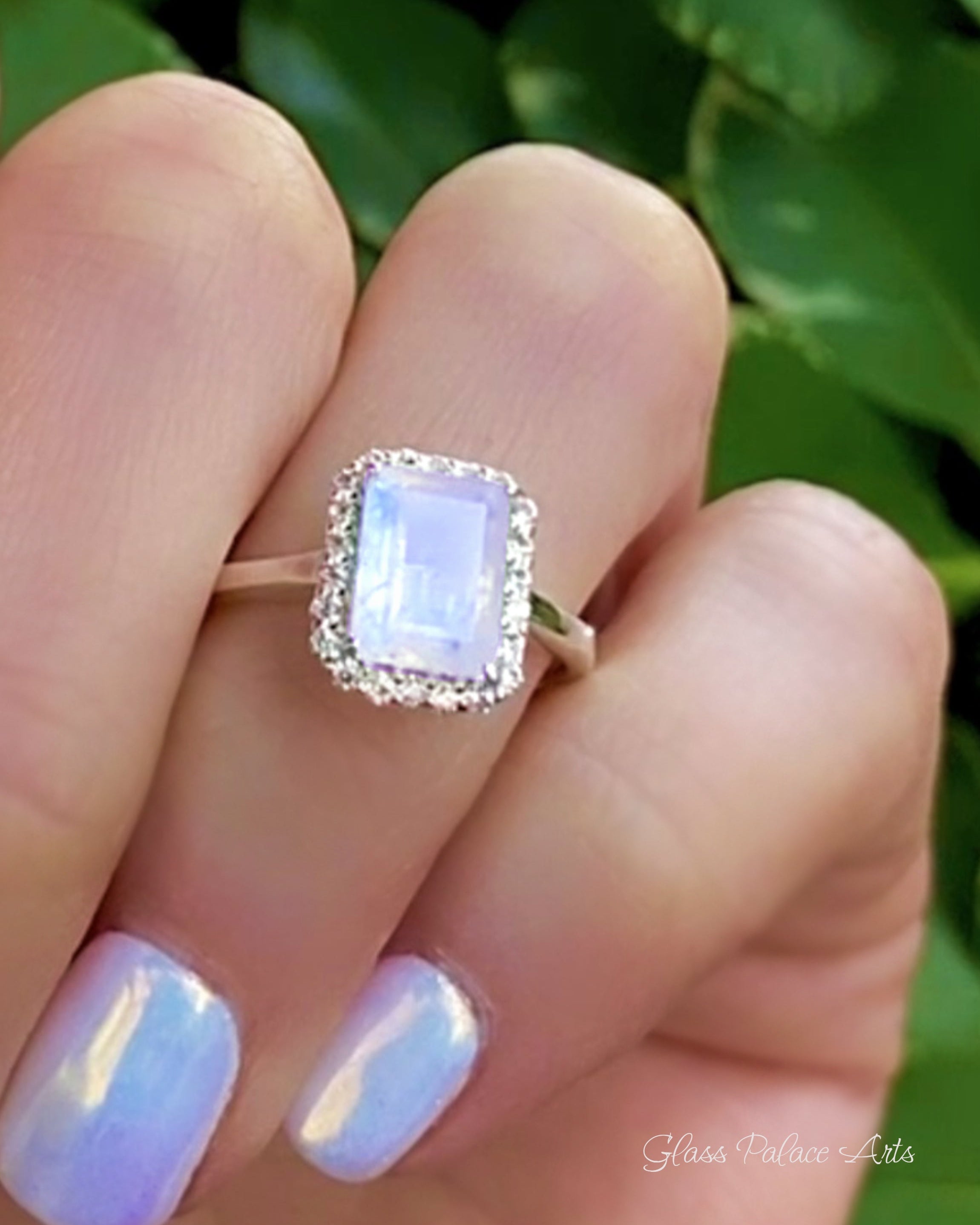 Moonstone And White Topaz Radiant Cut Engagement Ring - 925 Sterling Silver