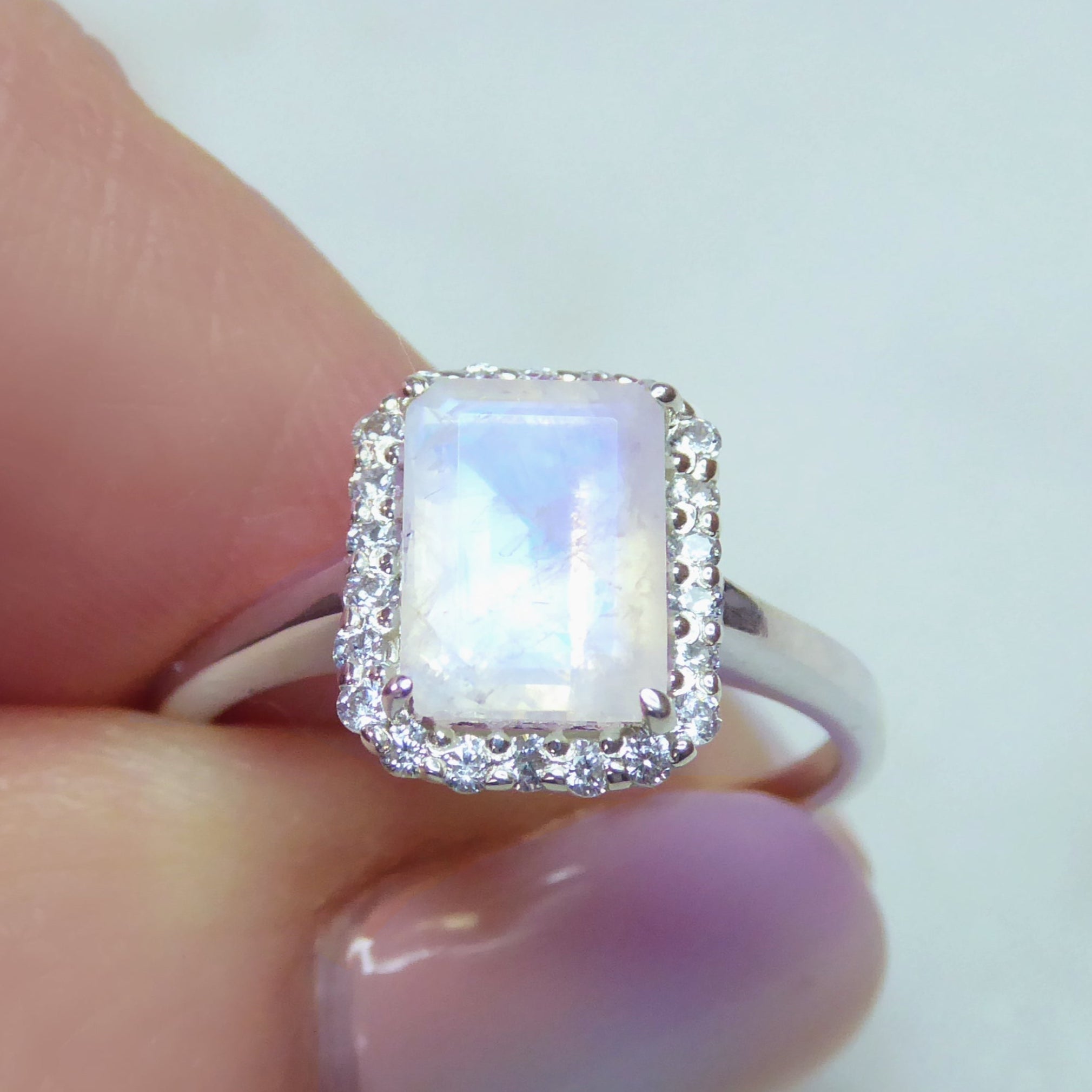 Moonstone And White Topaz Radiant Cut Engagement Ring - 925 Sterling Silver