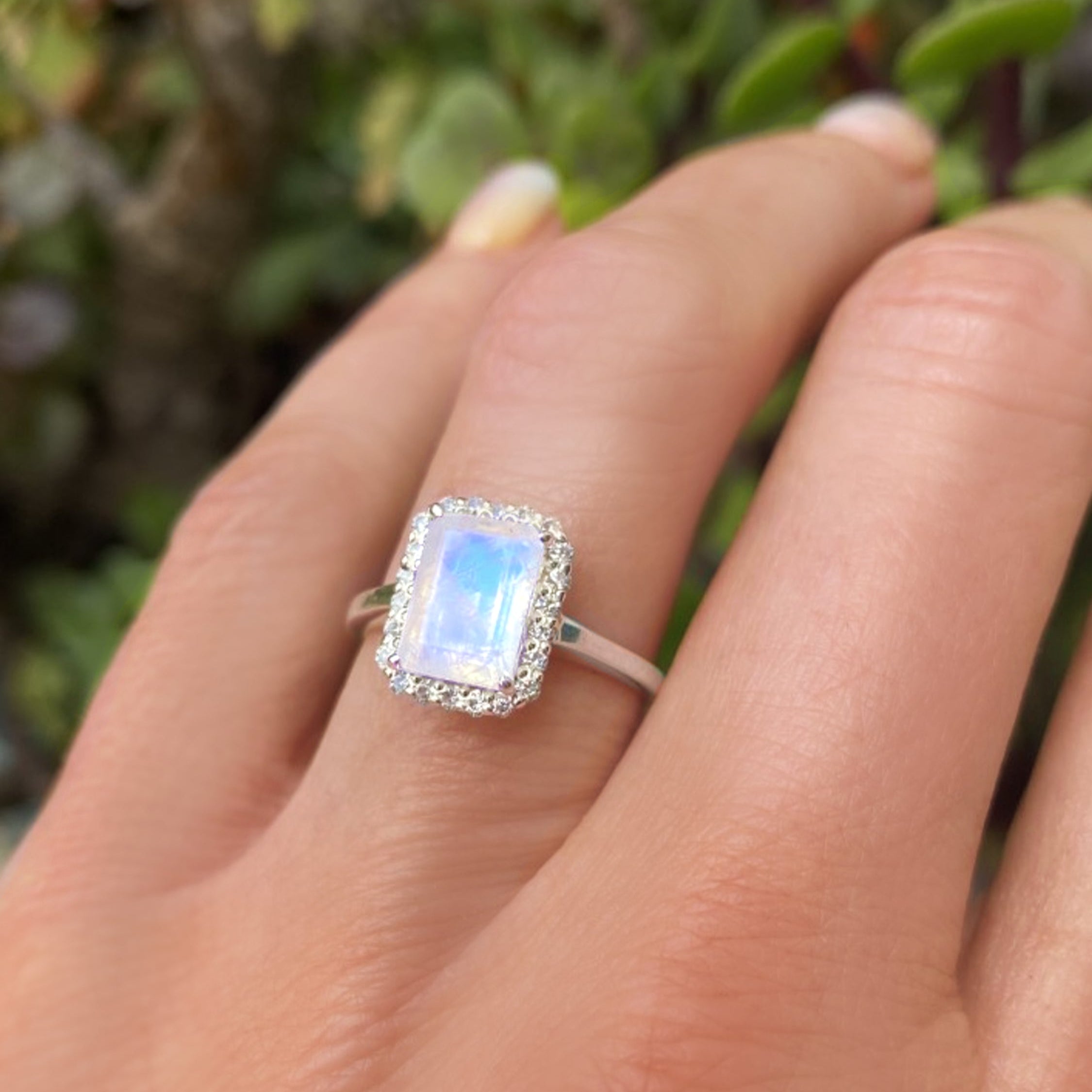 Moonstone And White Topaz Radiant Cut Engagement Ring - 925 Sterling Silver