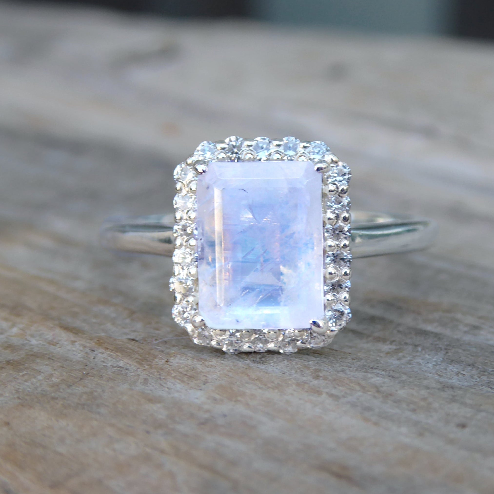 Moonstone And White Topaz Radiant Cut Engagement Ring - 925 Sterling Silver