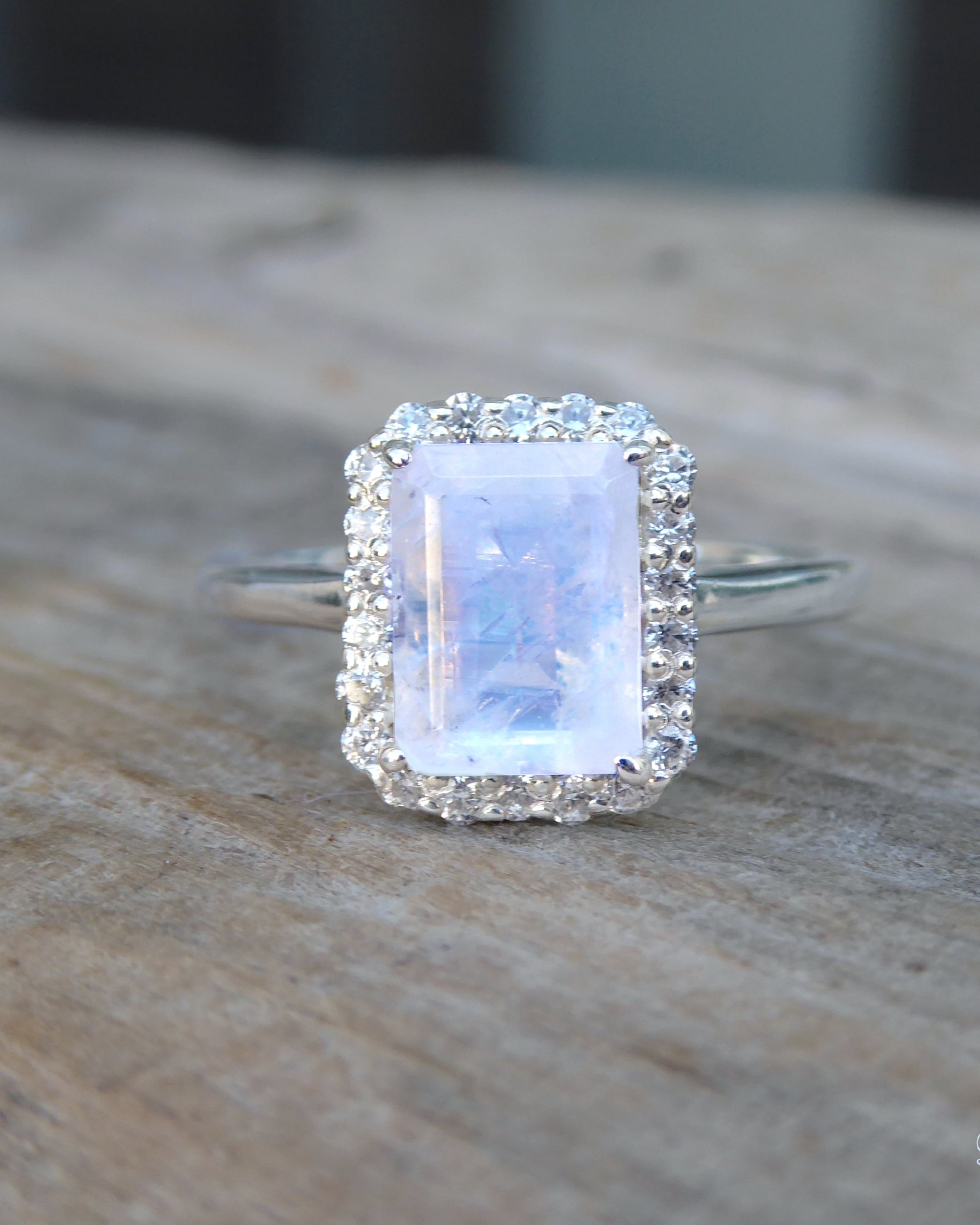 Moonstone And White Topaz Radiant Cut Engagement Ring - 925 Sterling Silver