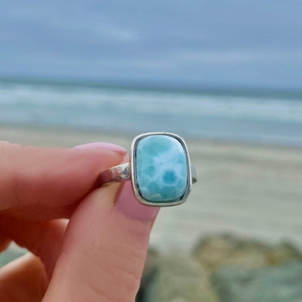 Larimar Ring For Women With Hammered Sterling Silver Band - Caribbean Statement Ring