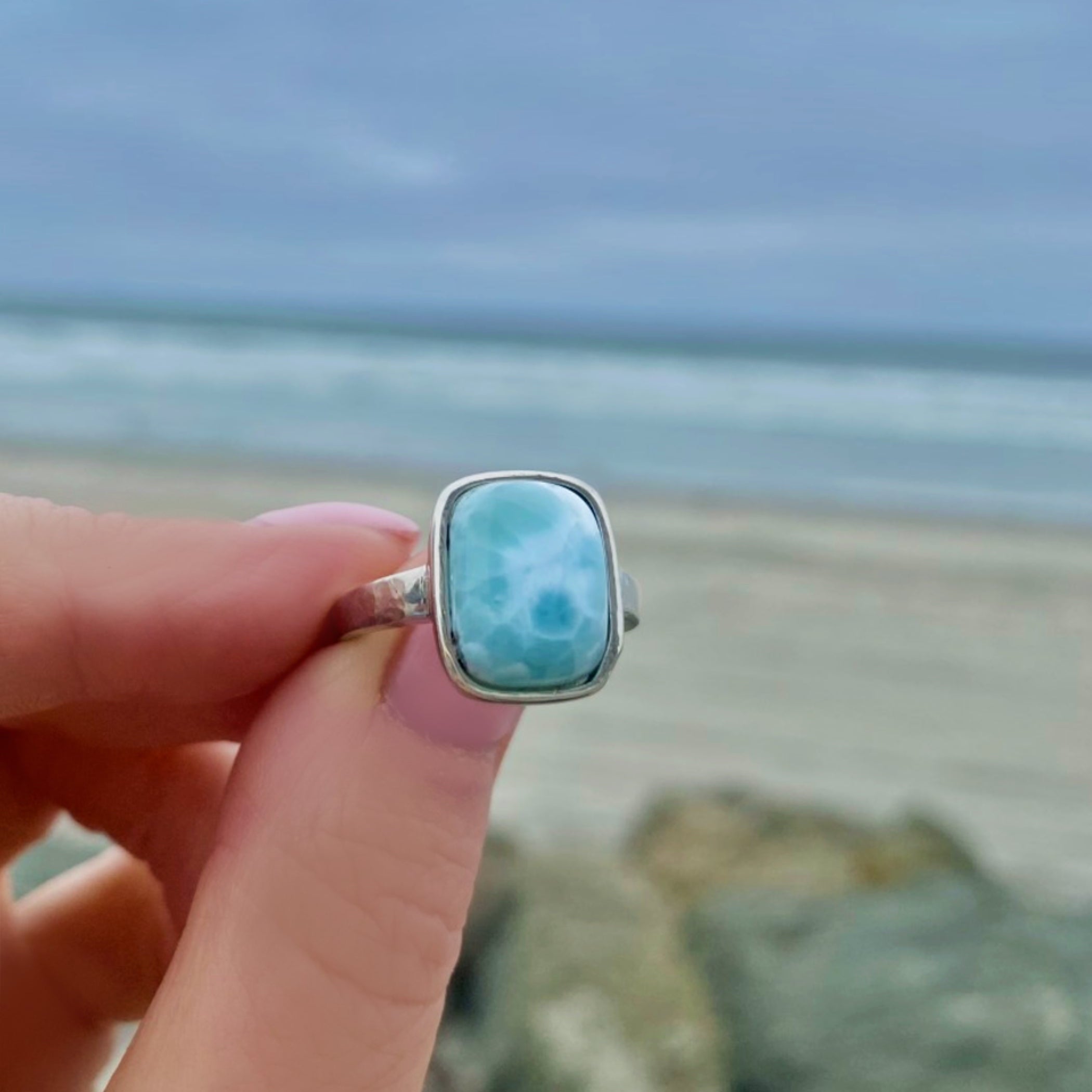 Larimar Ring For Women With Hammered Sterling Silver Band - Caribbean Statement Ring